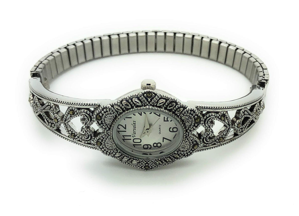 VERSALES Ladies Elegant Oval Marcasite Stretch Elastic Band - VERSALES Official Imagery - 3