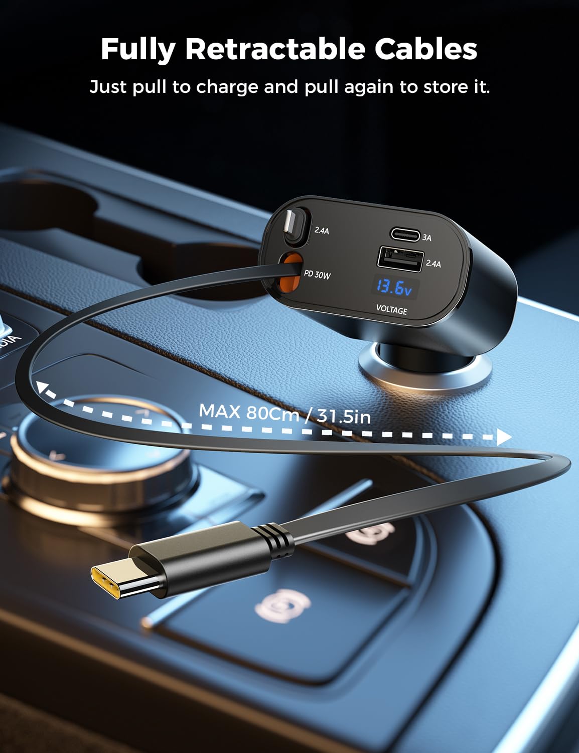 SUPERONE Retractable Car Charger 4 in 1 Fast Phone Charger by SUPERONE - Angle View 2