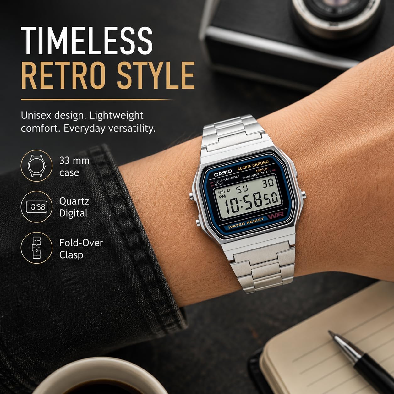 Casio A158WA Unisex Digital Watch | Silver/Black