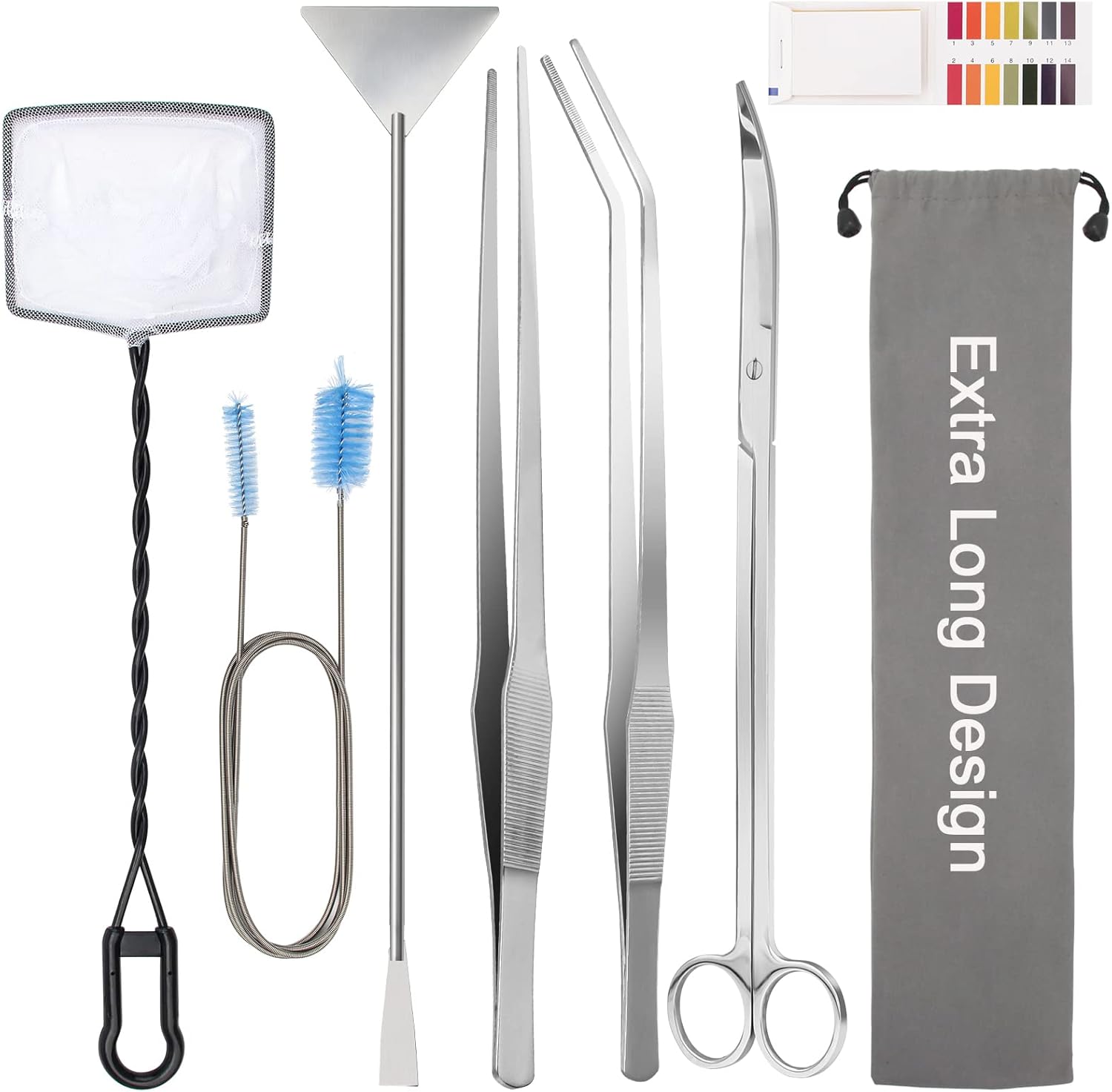 Liveek 8-in-1 extra long stainless steel aquarium aquascaping tools kit with live plant, suitable for precise aquarium plant maintenance.