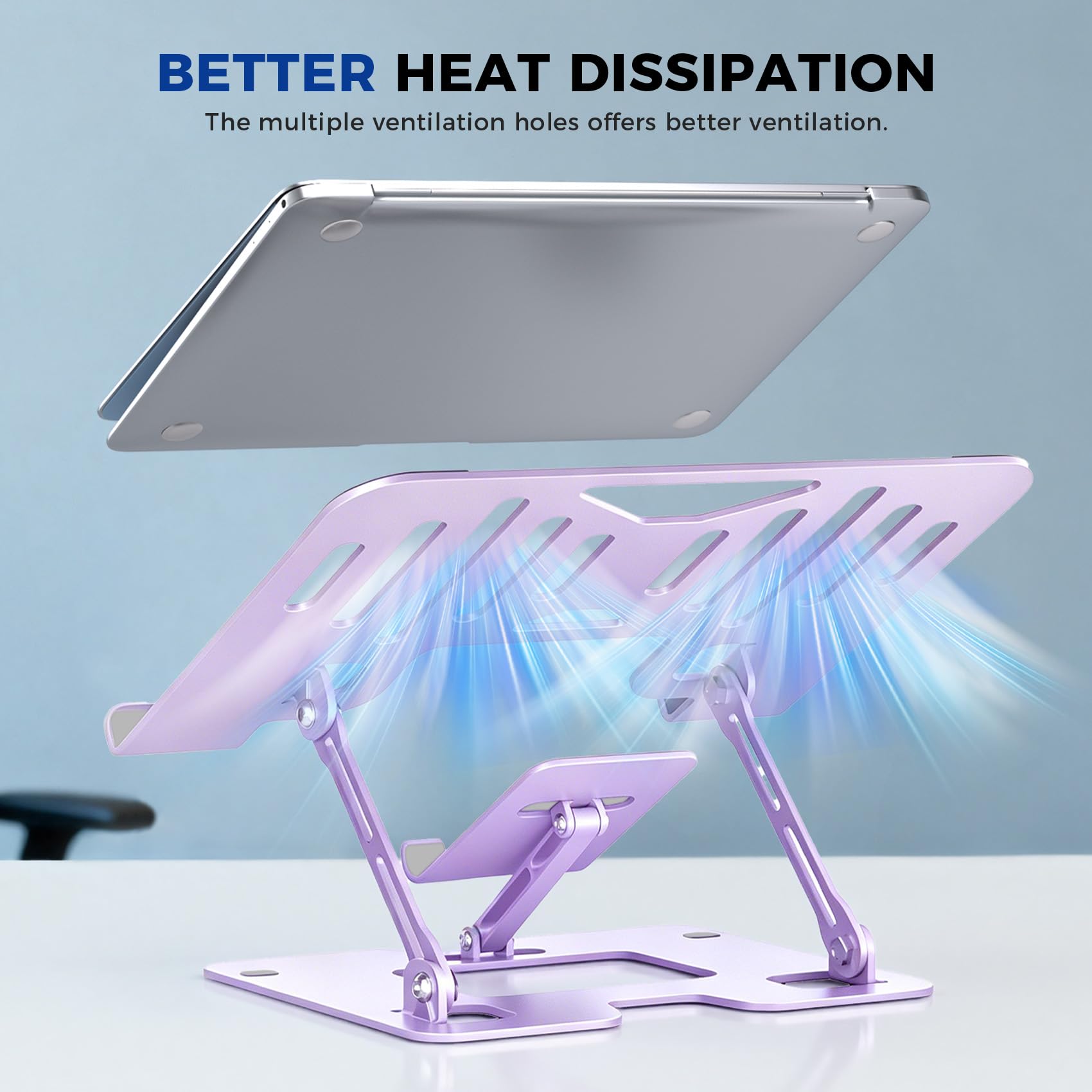 Purple Lajou ergonomic 2-in-1 laptop and phone stand with adjustable riser, portable and sturdy for desk use.