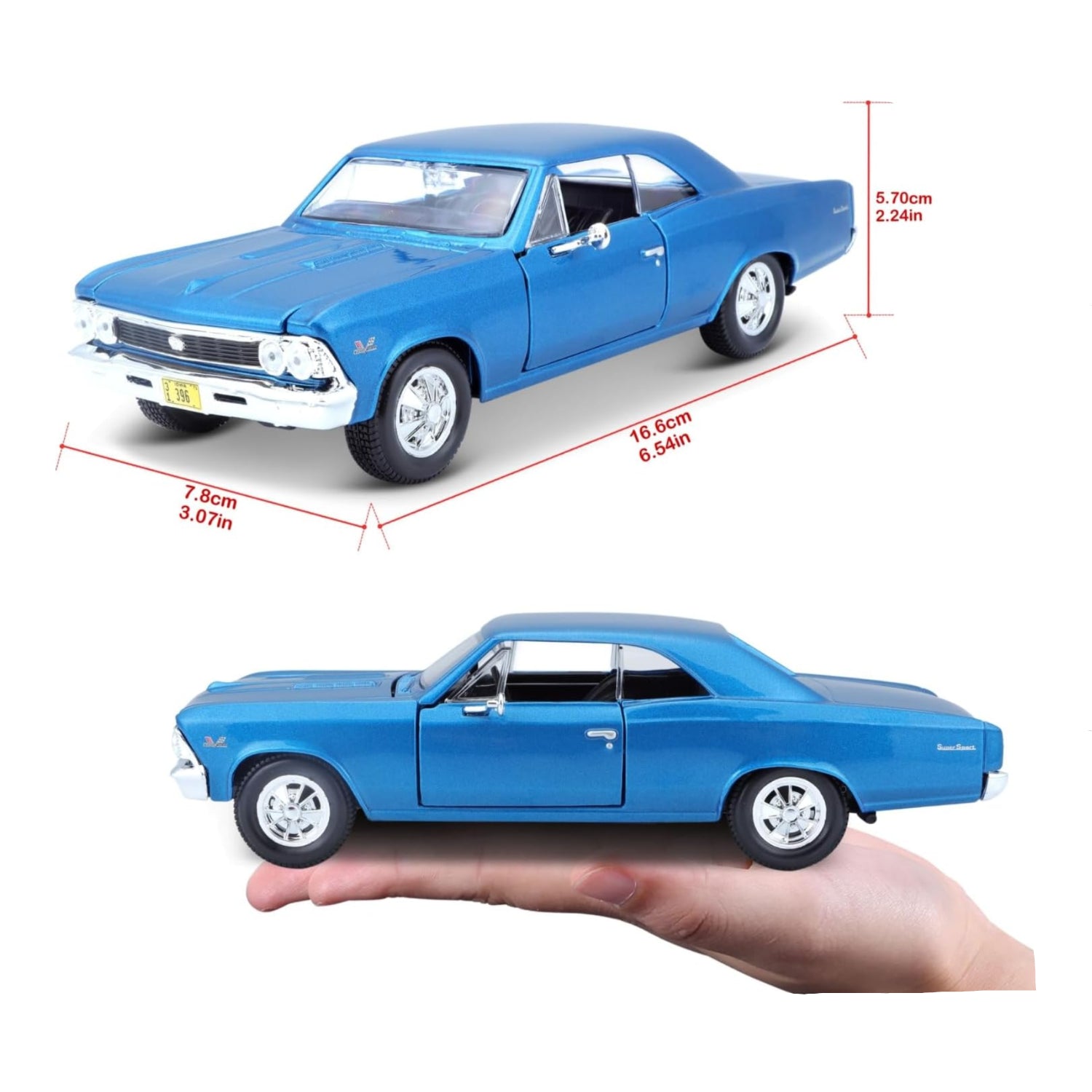 Maisto 1:24 scale 1966 Chevy Chevelle SS 396 model car in multicolor with detailed exterior and classic muscle car design