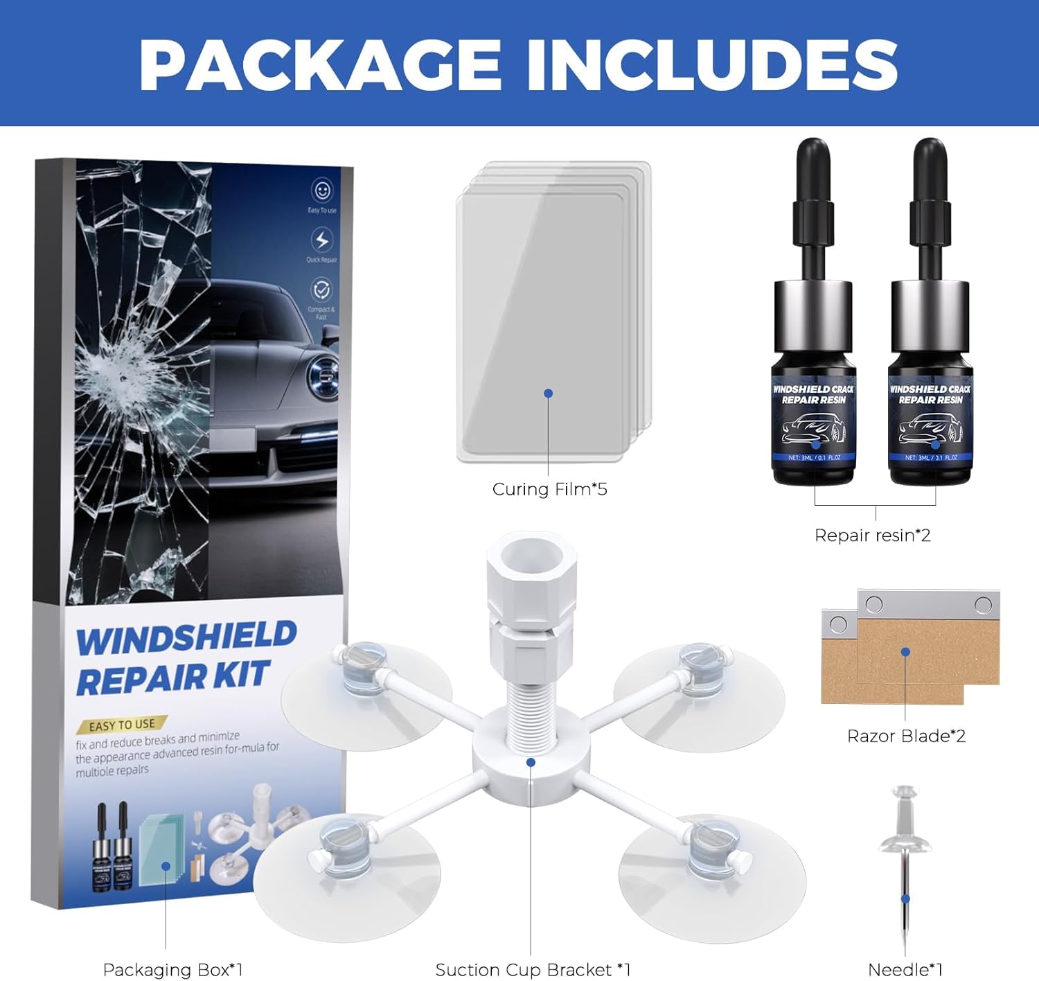 NASILOOP windshield repair kit with glass repair fluid for quick, efficient fixing of car windshield cracks