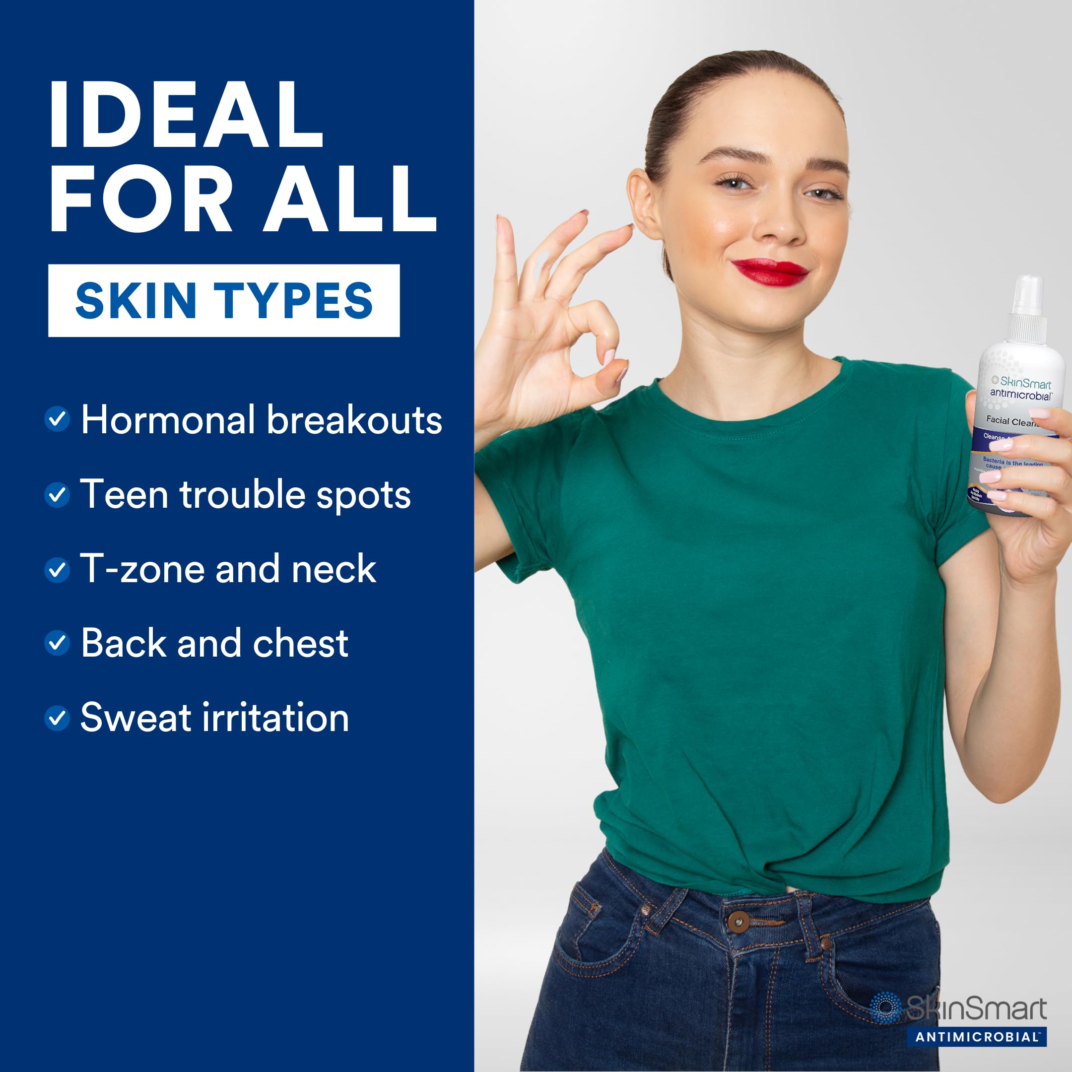 SkinSmart Antimicrobial Facial Cleanser for breakouts in an 8 oz bottle, showing the product label and packaging.