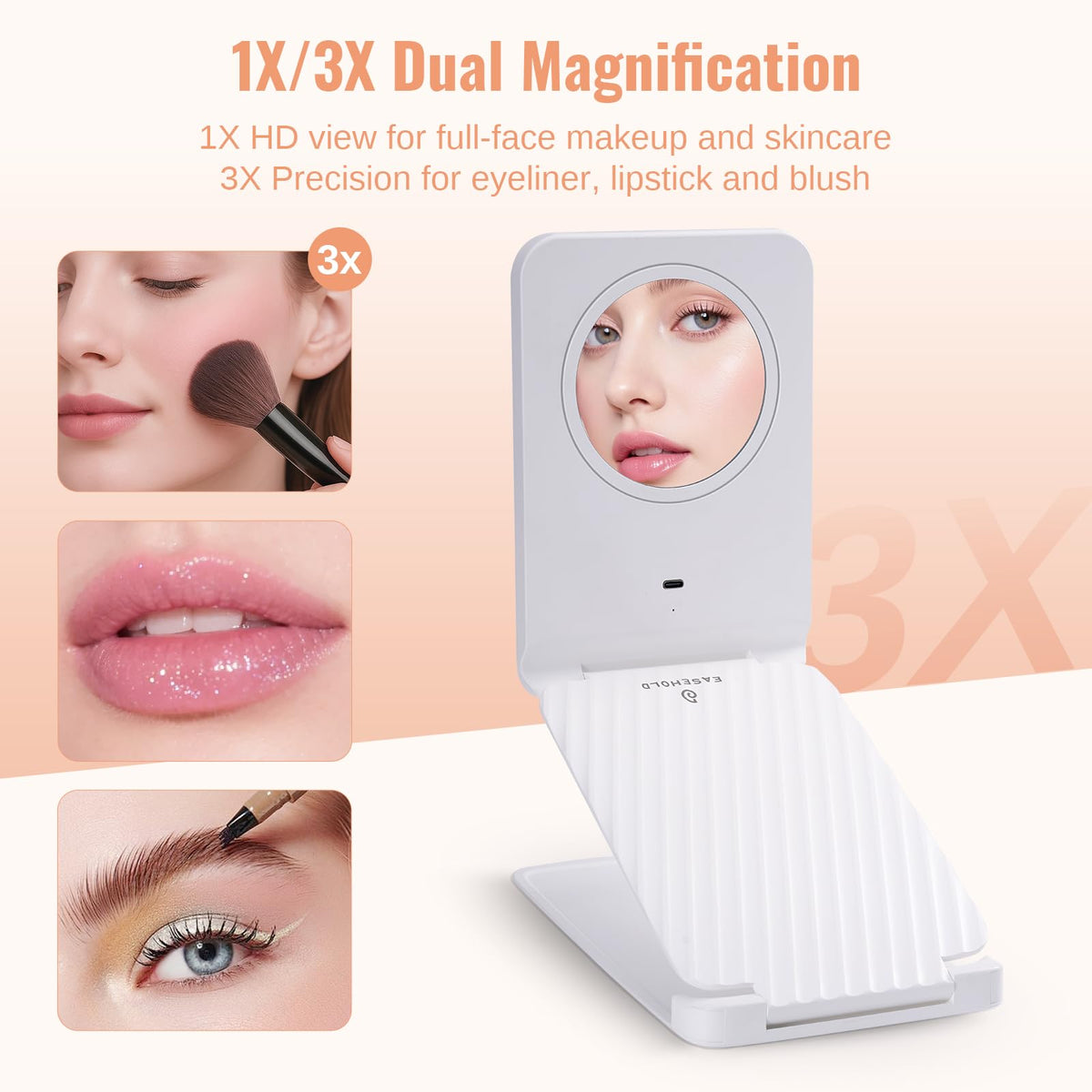 Travel Makeup Mirror with Lights Rechargeable 1X 3X - EASEHOLD Official Imagery - 6