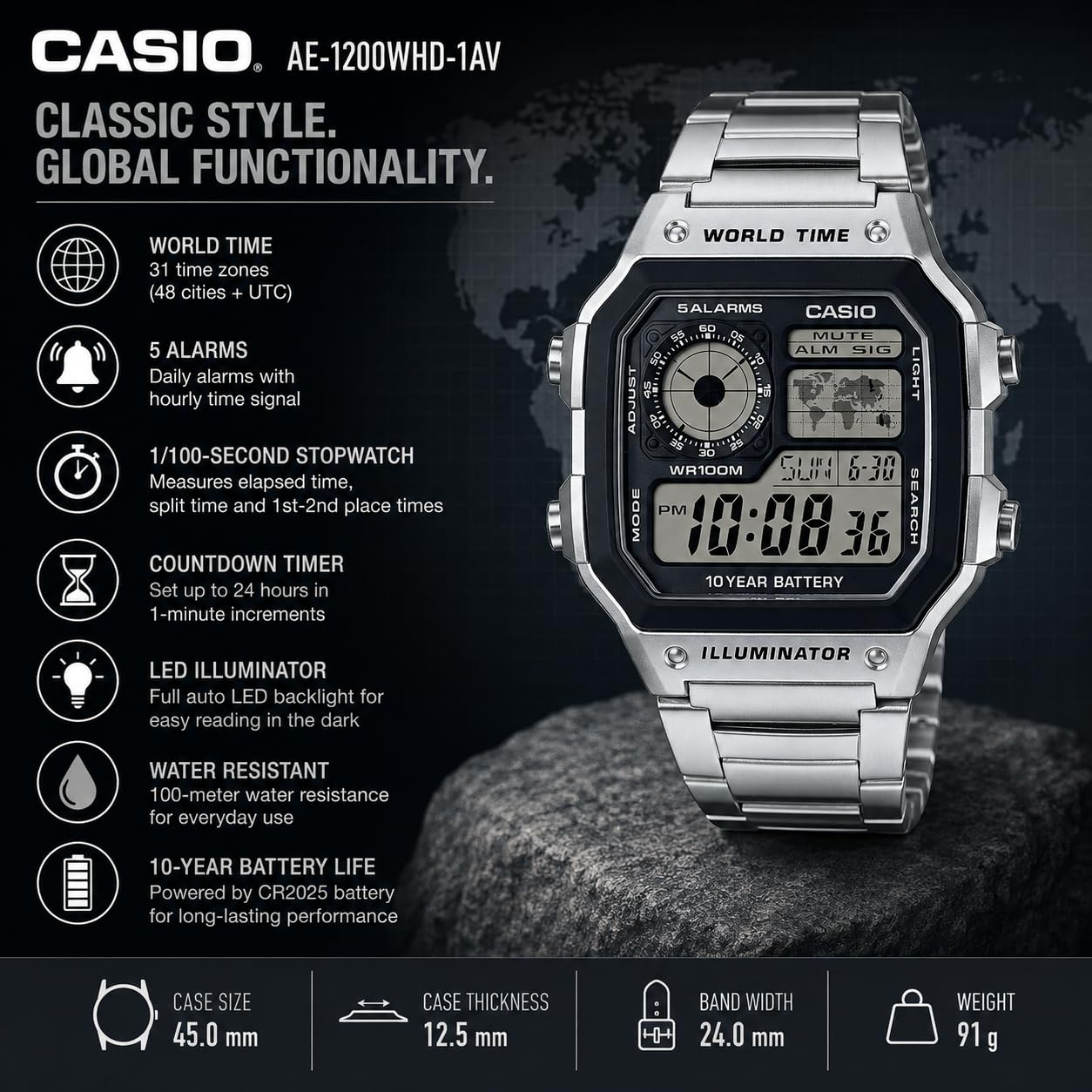 Casio AE1200WH Series | Men’s Digital Watch | 100M WR | Multi Alarms | - View 6