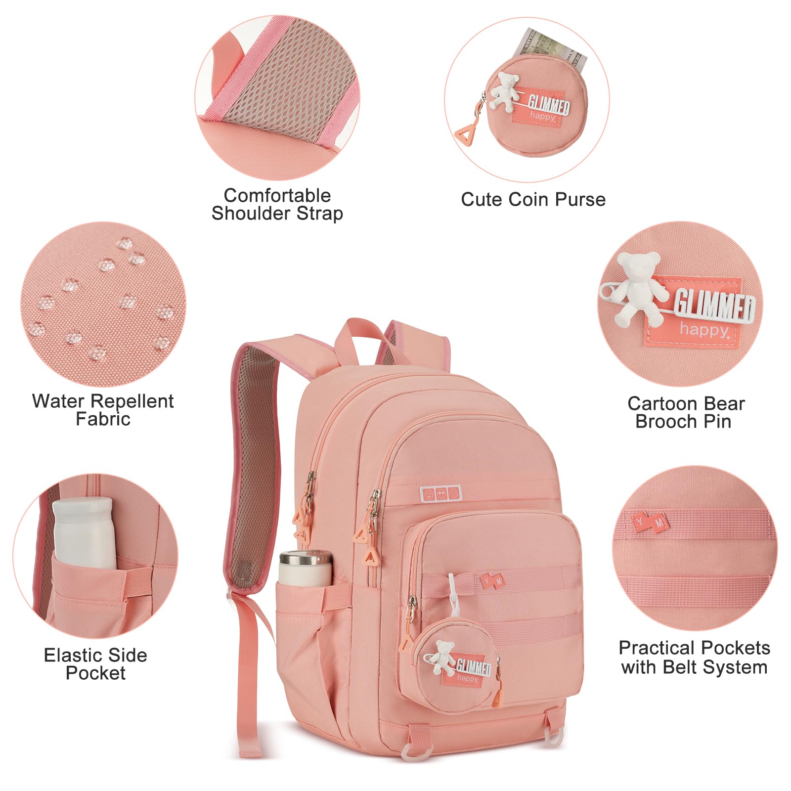 Pink YAMTION backpack for teen girls with laptop compartment, casual school bookbag suitable for middle school, high school, college, or travel.