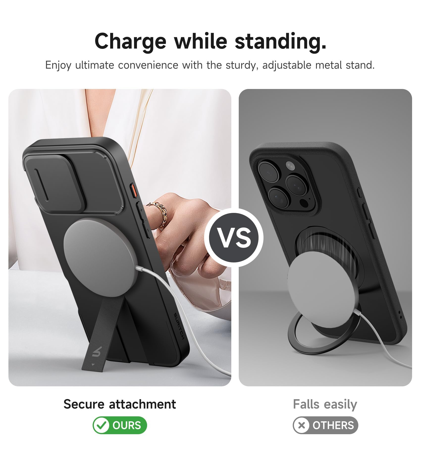 Black SURITCH iPhone 16 Pro Max case with magnetic camera slide cover, adjustable kickstand, shockproof bumper, slim design for 6.9-inch phone.