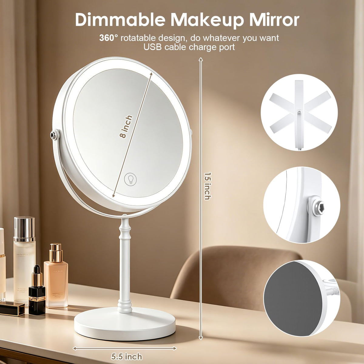DEIOVWXS Makeup Mirror Rechargeable Vanity Mirror with 3 - DEIOVWXS Official Imagery - 4