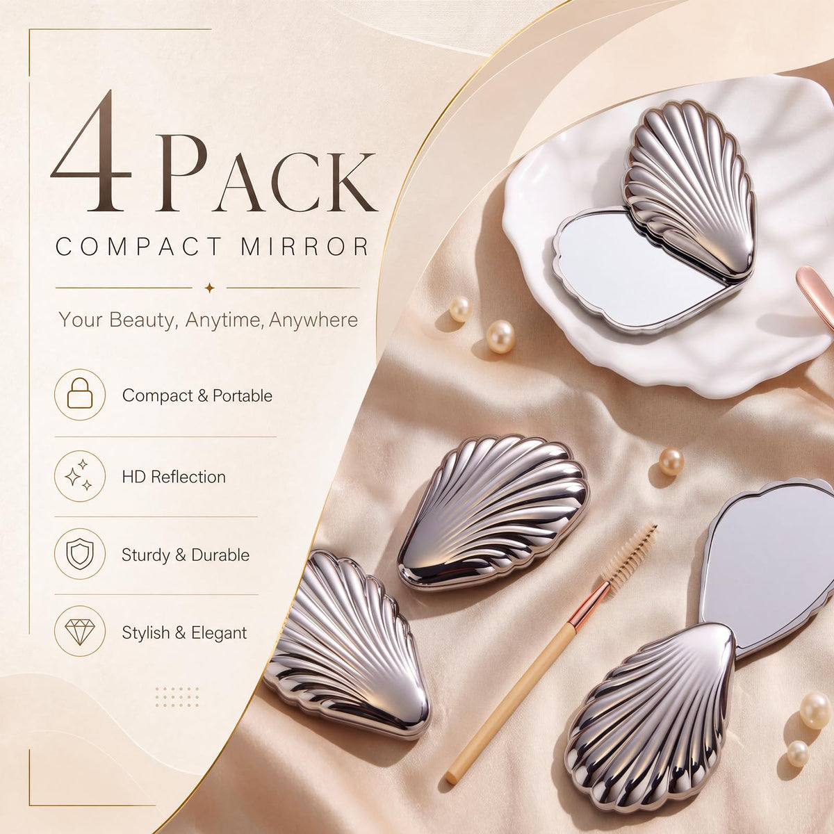 RattanView 4 Pcs Seashell Mini Silver Compact Mirror for - RattanView Official Imagery - 8