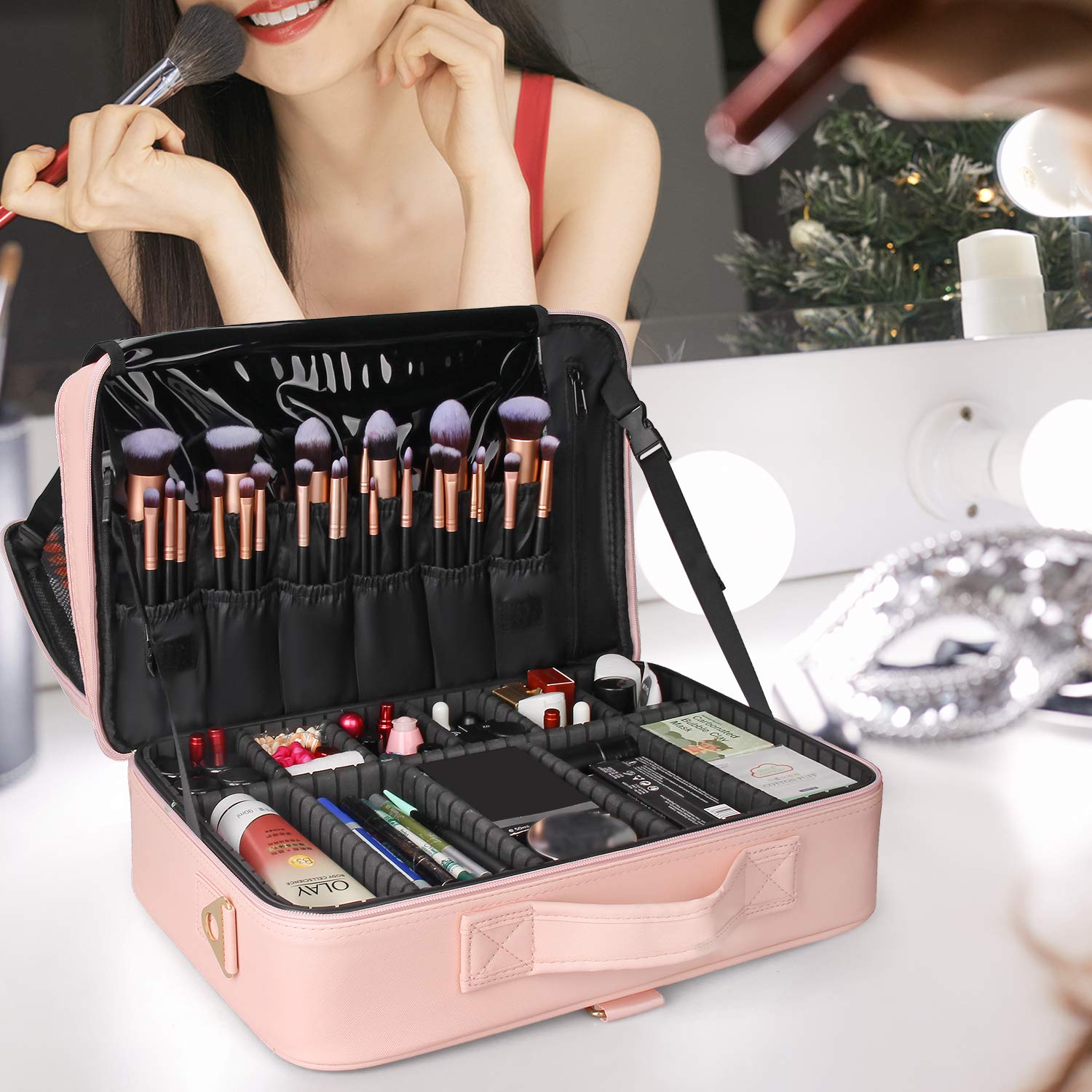 Relavel travel makeup train case with adjustable dividers, compact cosmetic case for organizing makeup and beauty tools.