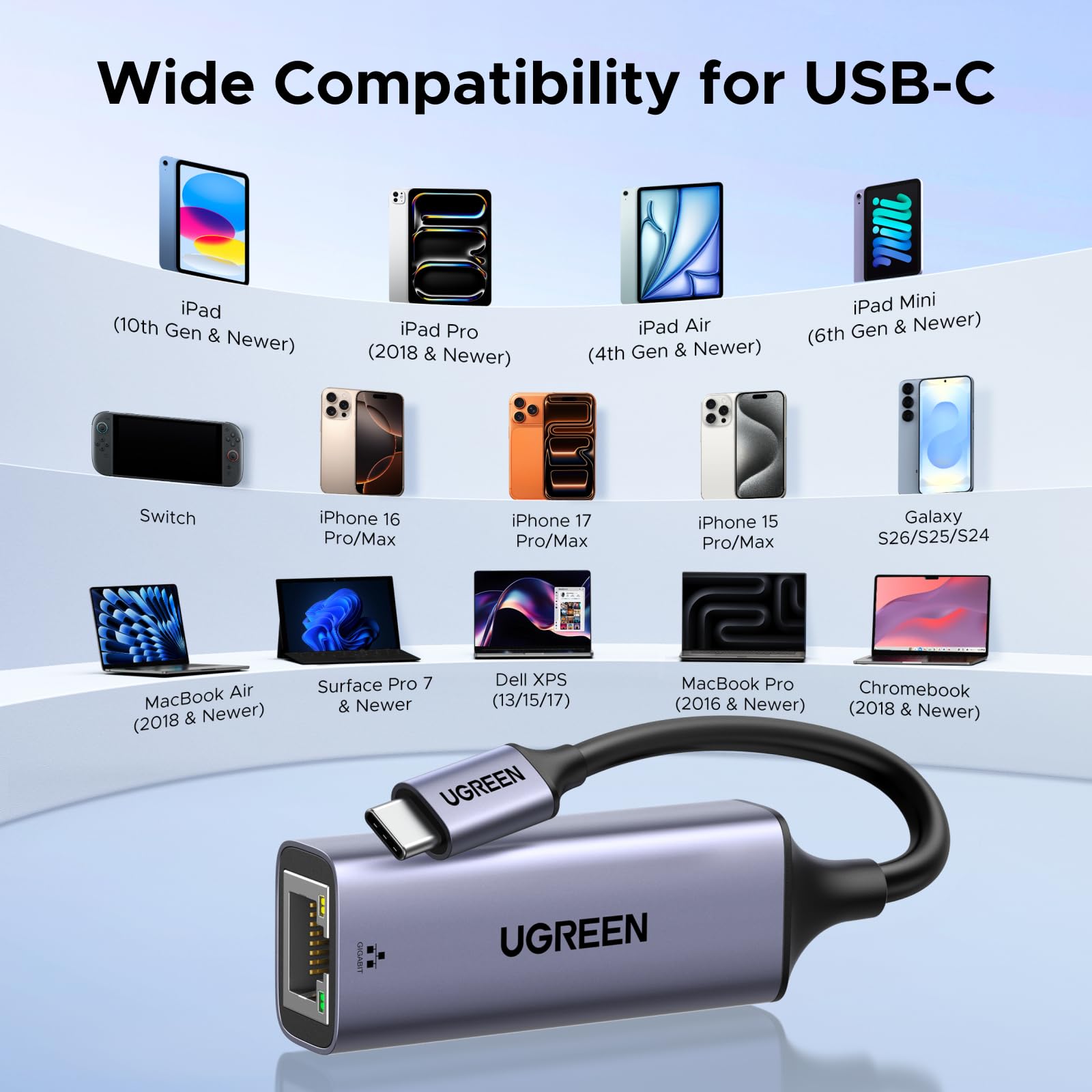 UGREEN USB C to Ethernet adapter, plug and play 1Gbps aluminum network interface controller for fast wired internet connection.