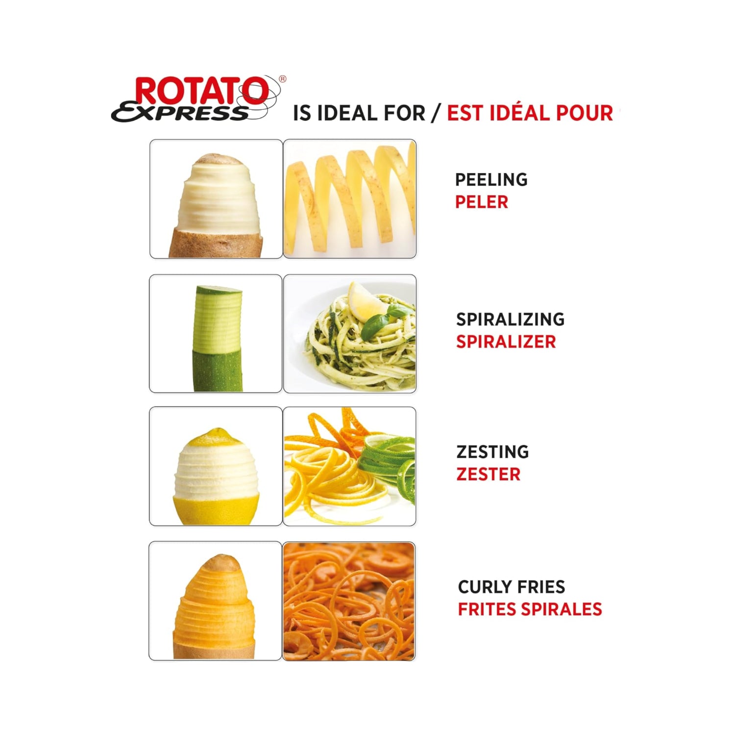 Starfrit Rotato Express electric peeler with two spare blades, showing the compact design and safety features of the kitchen appliance.