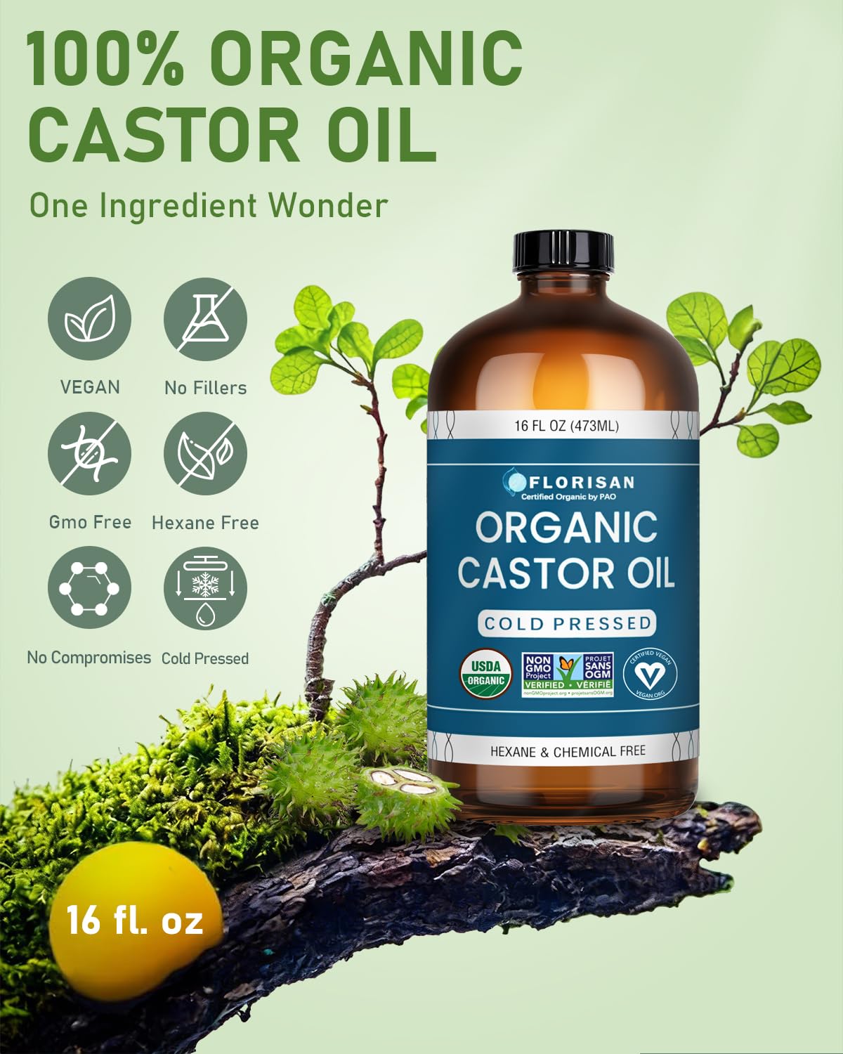 Florisan USDA Certified Organic Castor Oil 16oz Glass Bottle - Florisan Official Imagery - 4