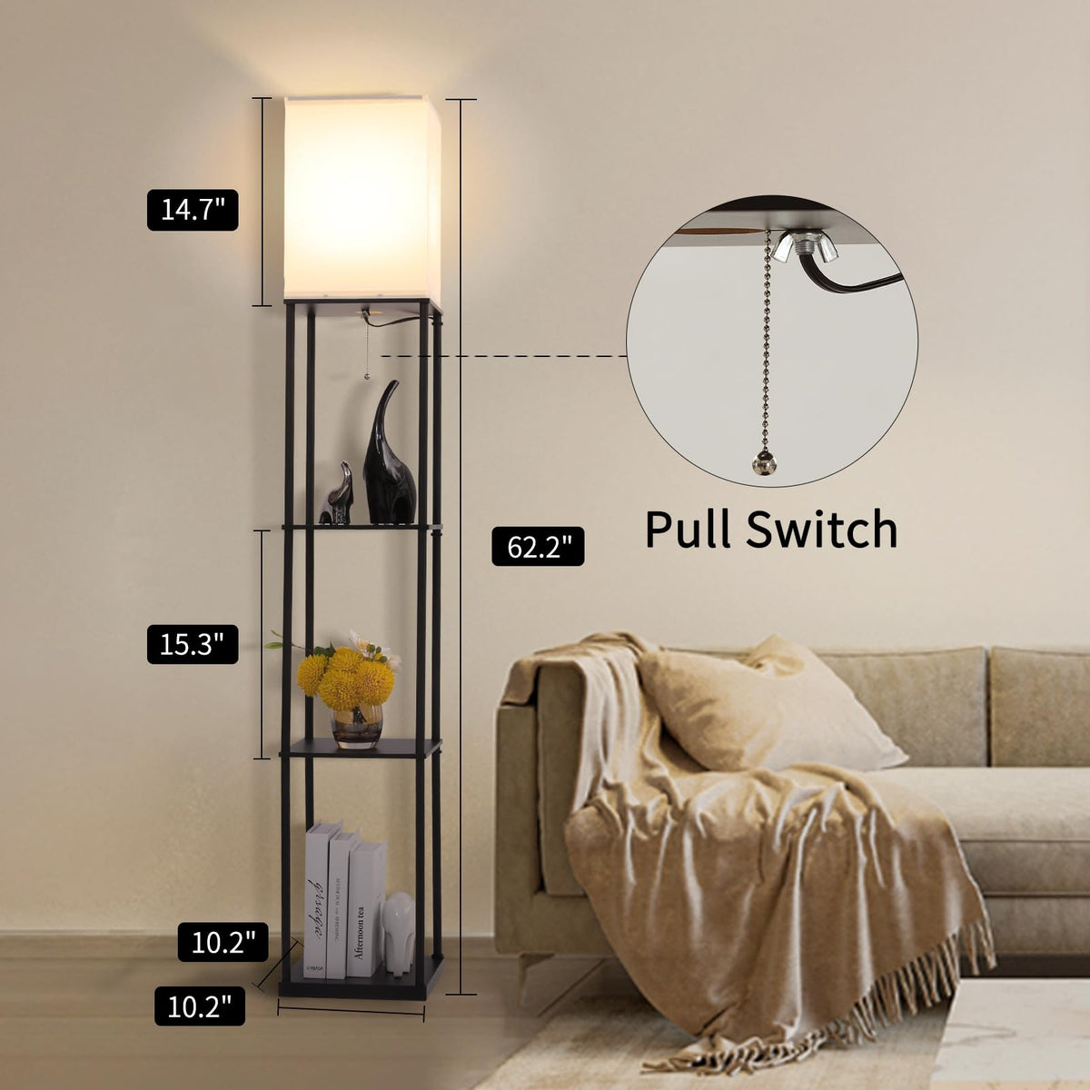 Floor Lamp with Shelves Modern Square Standing Lamp with 3 - Gupuzm Official Imagery - 5