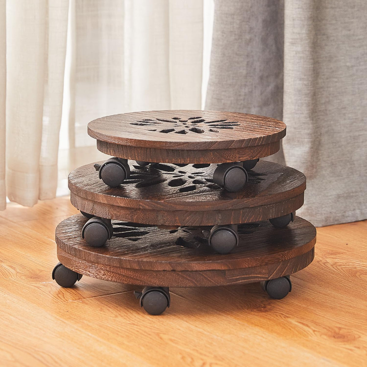 Wooden Plant Stand with Wheels Rolling Planter Caddy Heavy - GZQWDC Official Imagery - 8