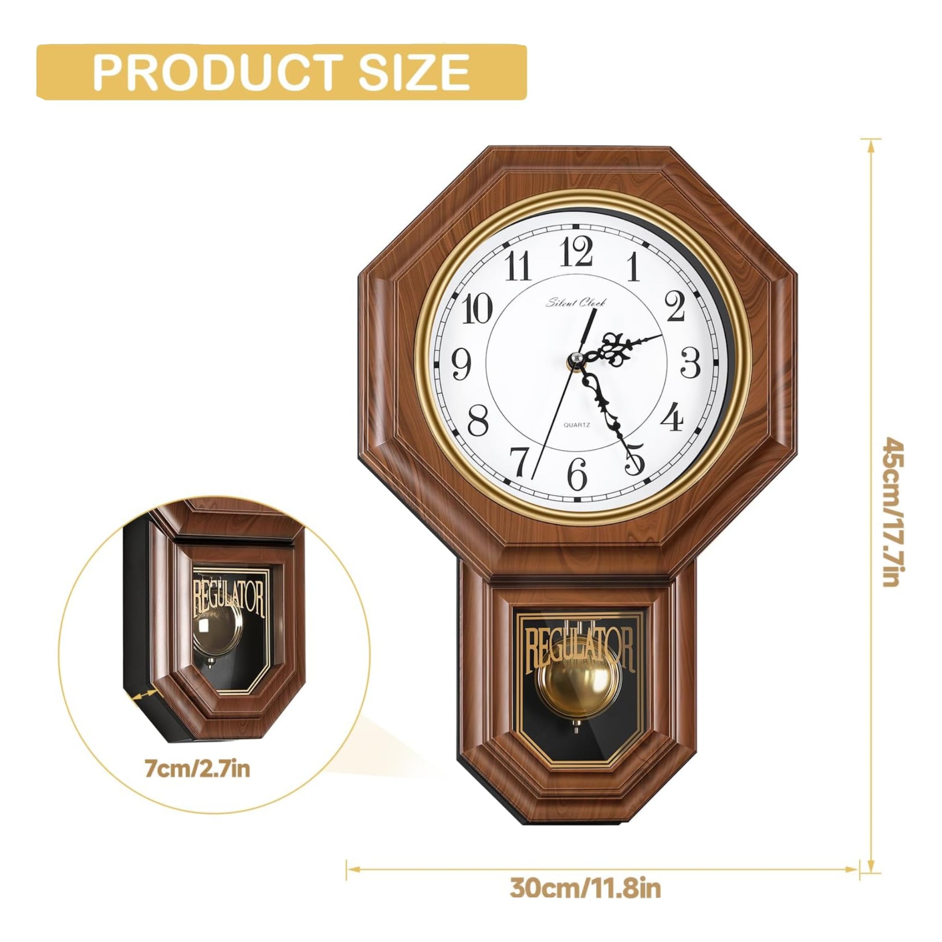 Battery-operated pendulum wall clock by KANEODOT with imitation wood finish and plastic regulator design, showcasing classic style.