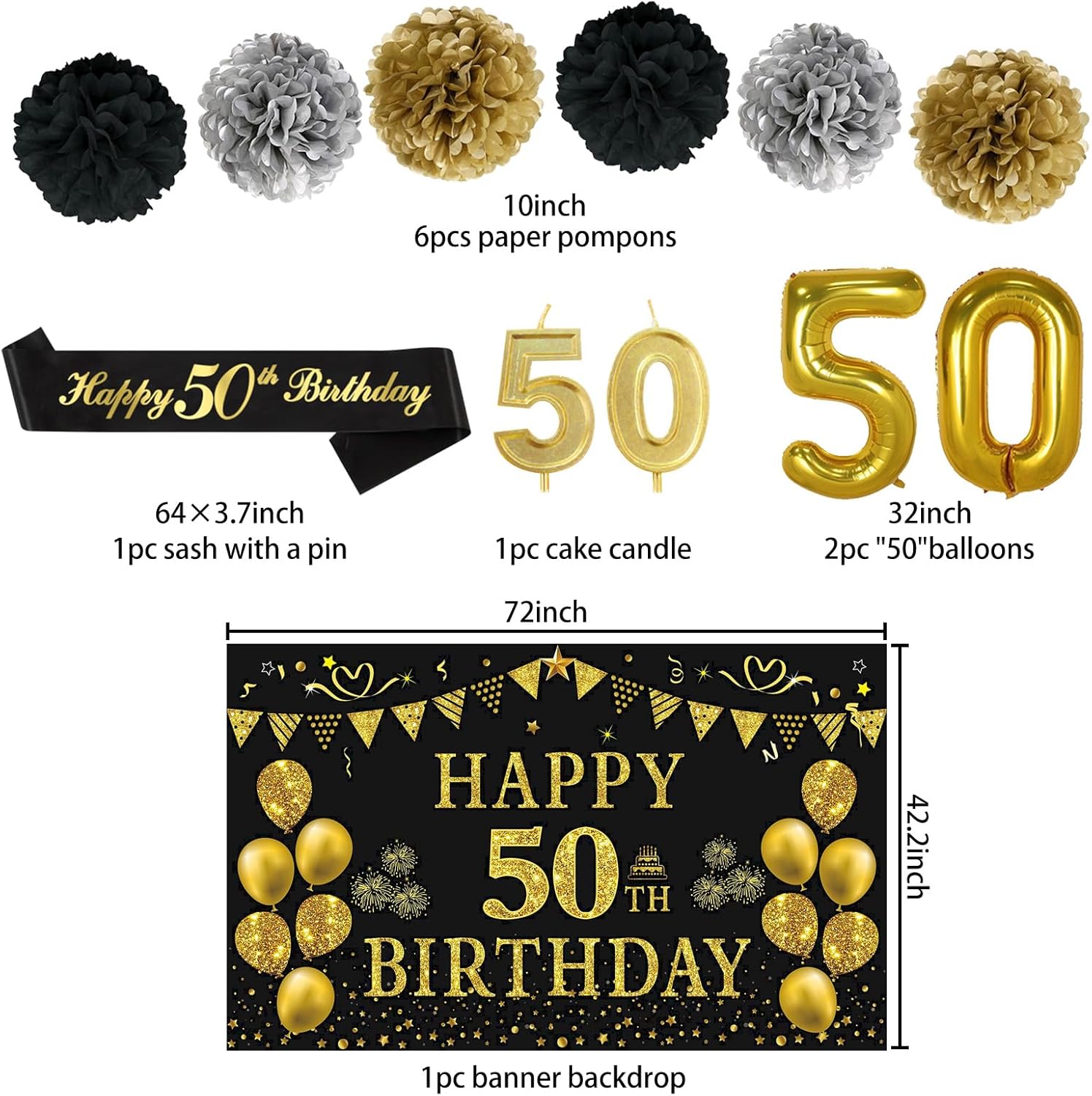 Black and gold Trgowaul 50th birthday decorations set with 22 pieces for men and women, including banners and balloons.