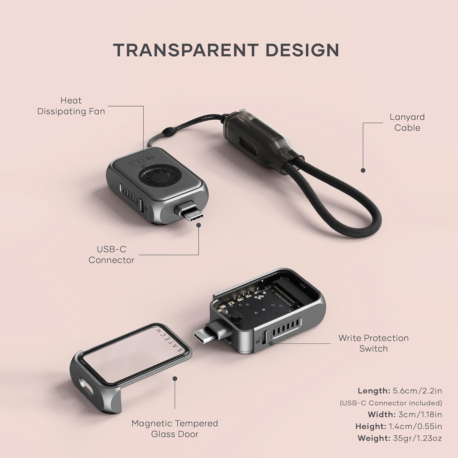 Satechi M.2 NVMe Mini SSD enclosure with USB-C, 10Gbps transfer speed, supports up to 2TB SSD, SSD not included.
