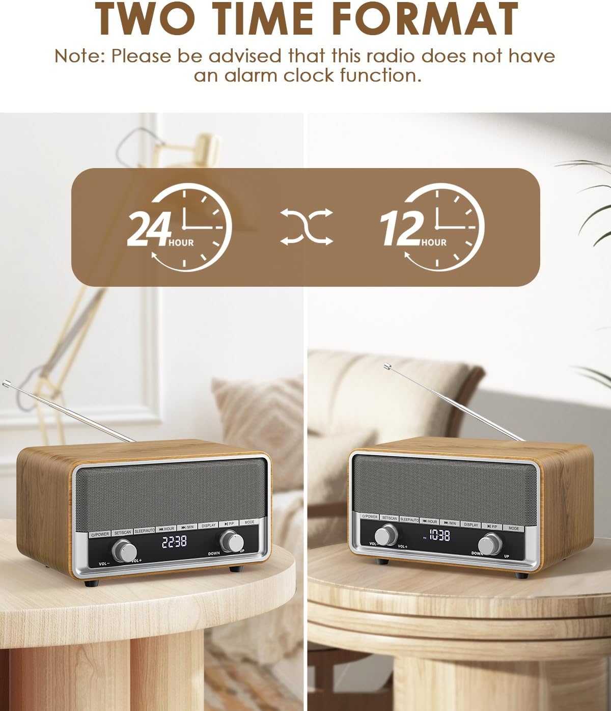 Vintage Audiocrazy wood AM FM Bluetooth radio with digital clock display and analog clock face, tabletop music and radio receiver.