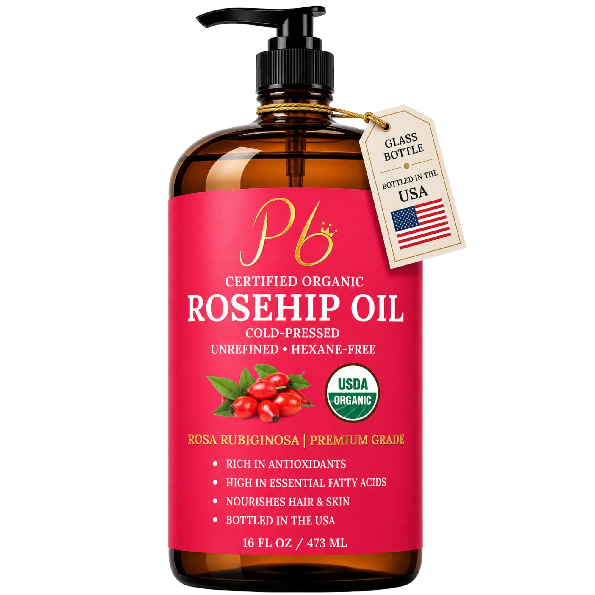 Pomberries Rosehip Oil, 16 fl oz Amber Glass Bottle, Rosehip Oil for Face, Skin - Pomberries Official Product View 2