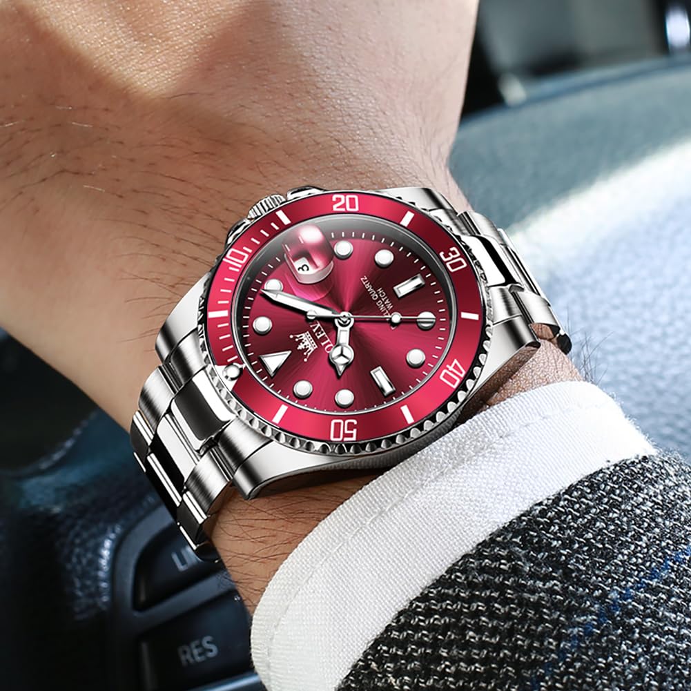 OLEVS Men's Silver & Red Dial Dress Watch Quartz Date Steel