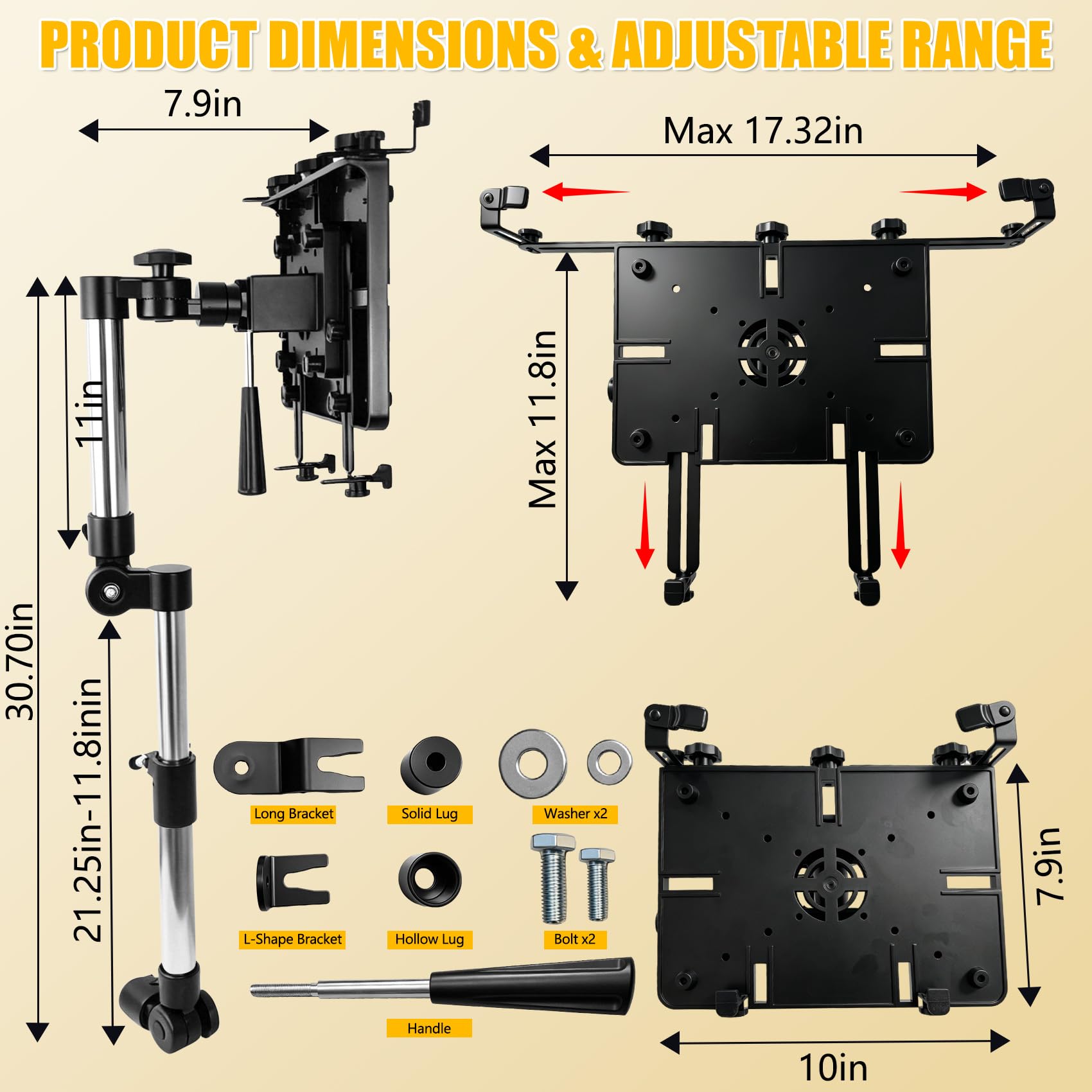 Vehicle Laptop Mount, Truck Laptop Mount for Cars, Vans, Quick installation, Full Motion Swivel, MS-526 Laptop Holder for Mobile Work, No-Drill Computer Stand with Adjustable Height ,5-Year Warranty