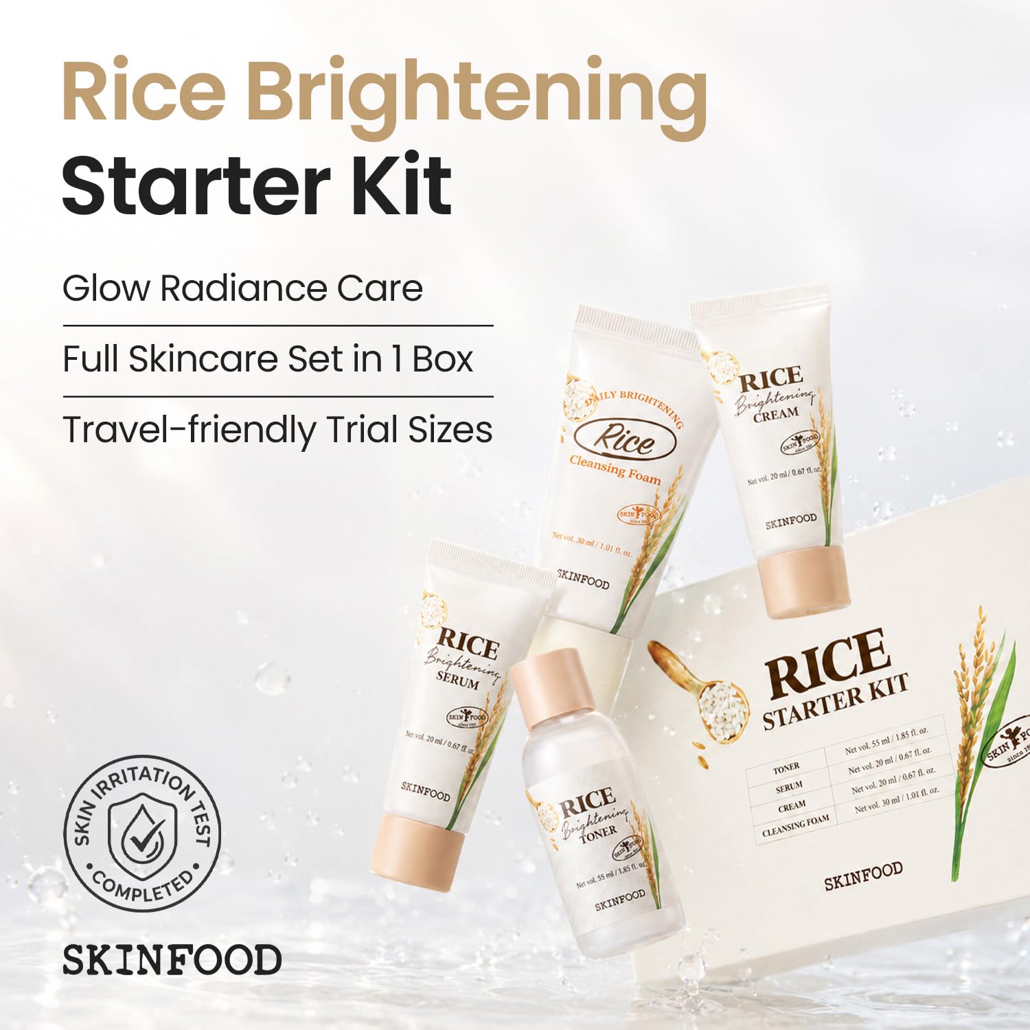 SKINFOOD Rice Starter Kit, Rice Toner, Rice Serum, Rice Moisturizer, and Rice Face Wash for Glass Skin, Korean Skin Care Set, Travel Size Kit, Stocking Stuffers, Gift Set for Women, Skincare Gift Set - SKINFOOD 1957 Official Product View 3