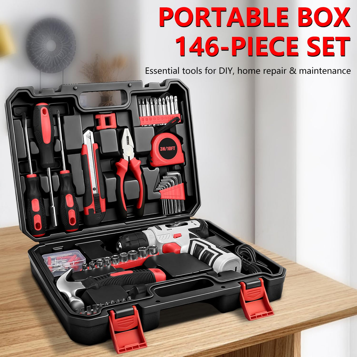 Tool Set 146 Piece Home Tool Kit with 8V Cordless Drill - JENABOM Official Imagery - 8