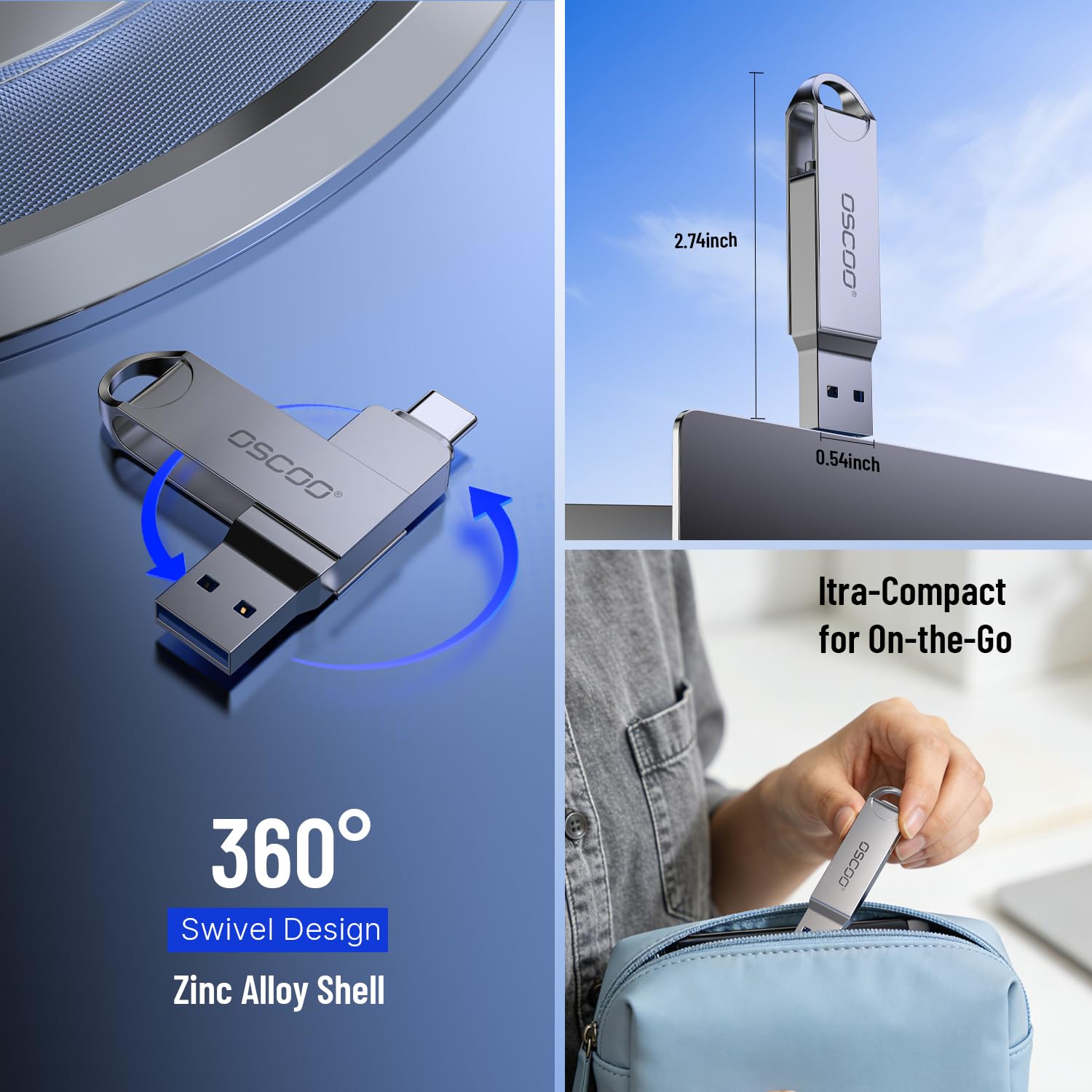 OSCOO 32GB Dual USB 3.2 Gen1 flash drive with silver casing showing USB connectors on a white background