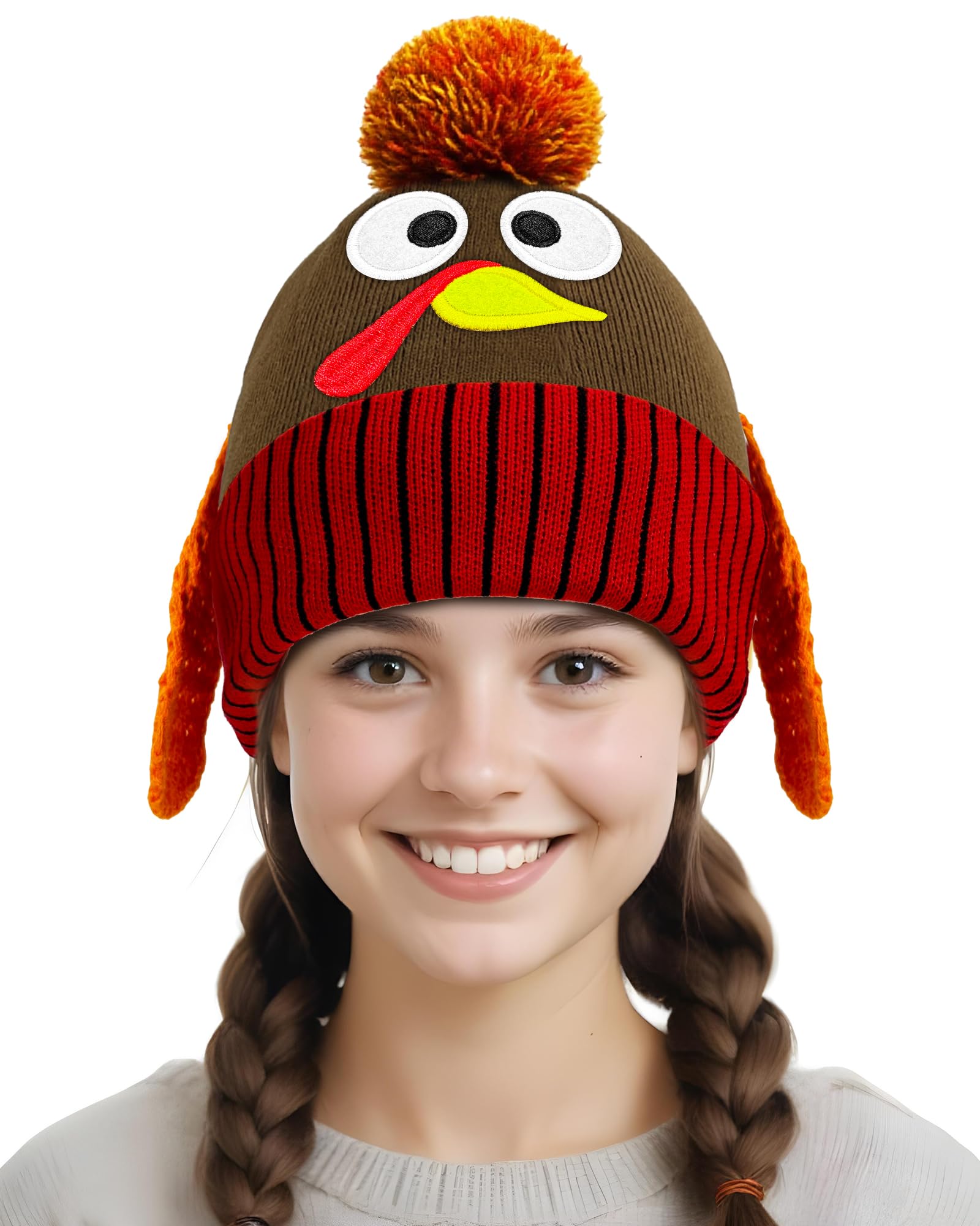 QLINLEAF Thanksgiving Pom Pom Beanie Hats, Turkey Trots Dress Up - Product Imagery