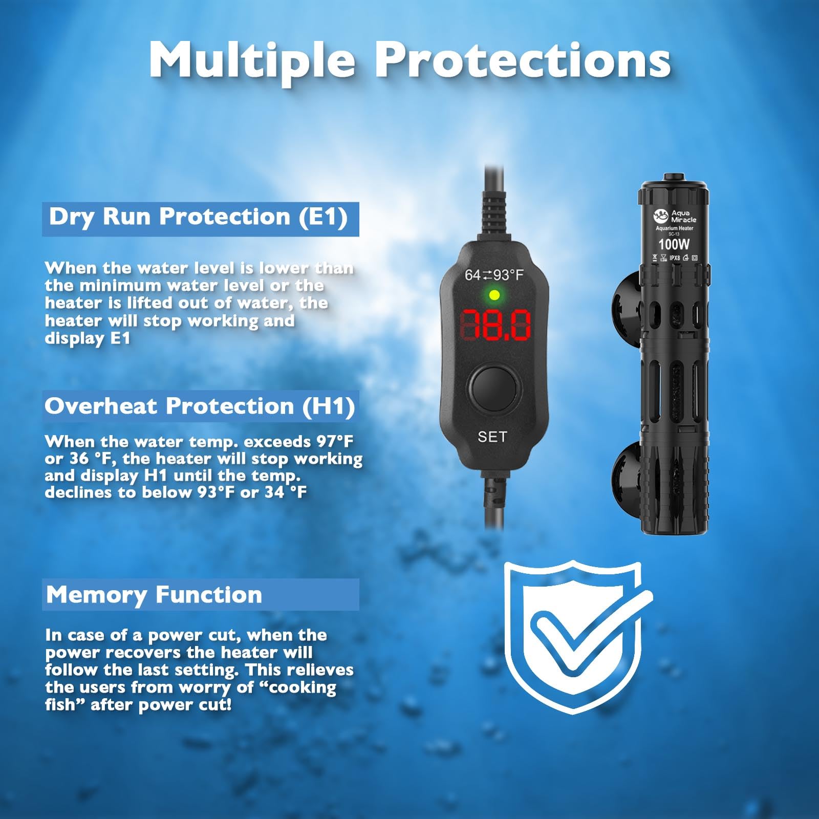 AquaMiracle Submersible Aquarium Heater, 100W Fish Tank Heaters w - AquaMiracle Official Product View 3