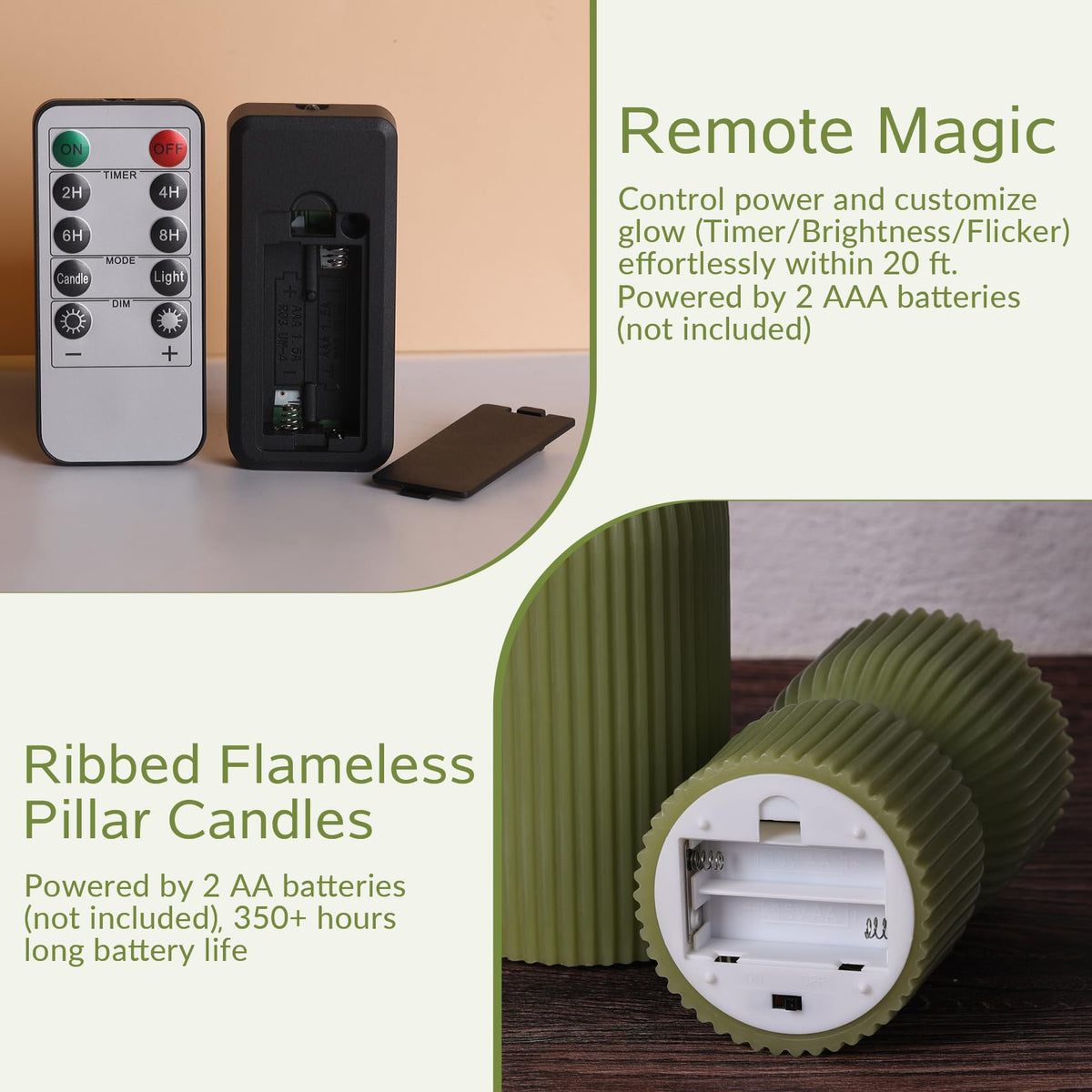 Olive Green Ribbed Flameless Pillar Candles with Remote Set - Girimax Official Imagery - 4
