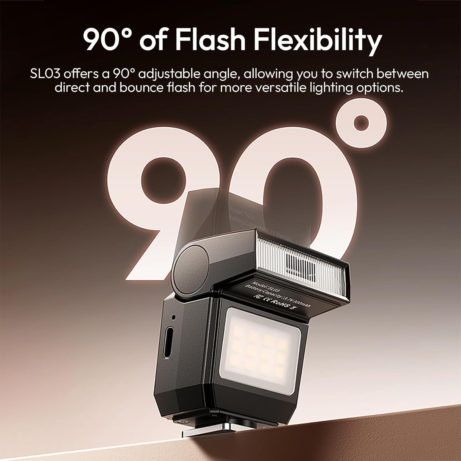 ULANZI SL03 mini camera flash speedlite for Sony, Canon, Fuji, Nikon DSLR cameras, compact and portable photography accessory.