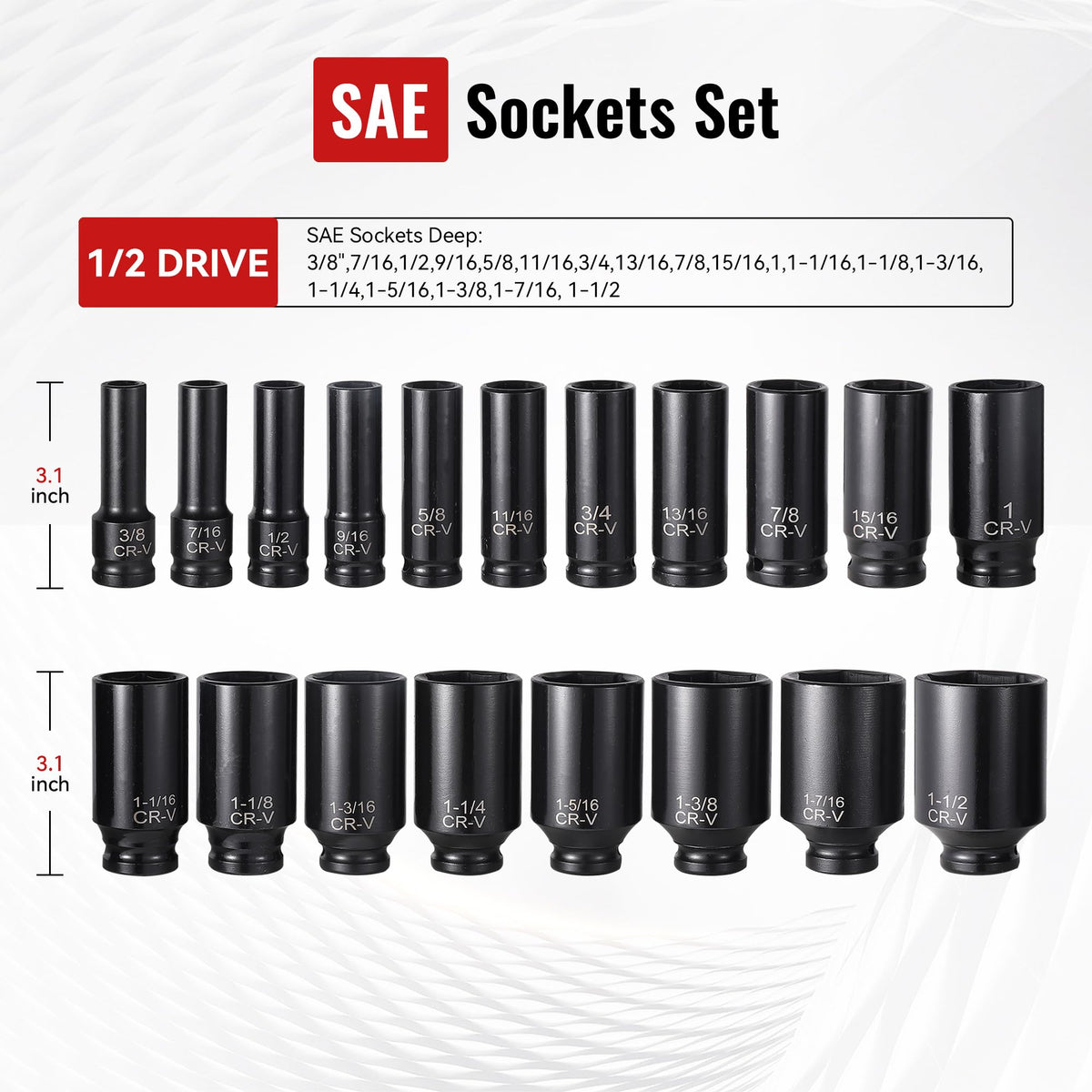 25 Piece 1 2 Drive Socket Set SAE 3 8 1 1 2 6 Point Cr V - Reniteco Official Imagery - 3