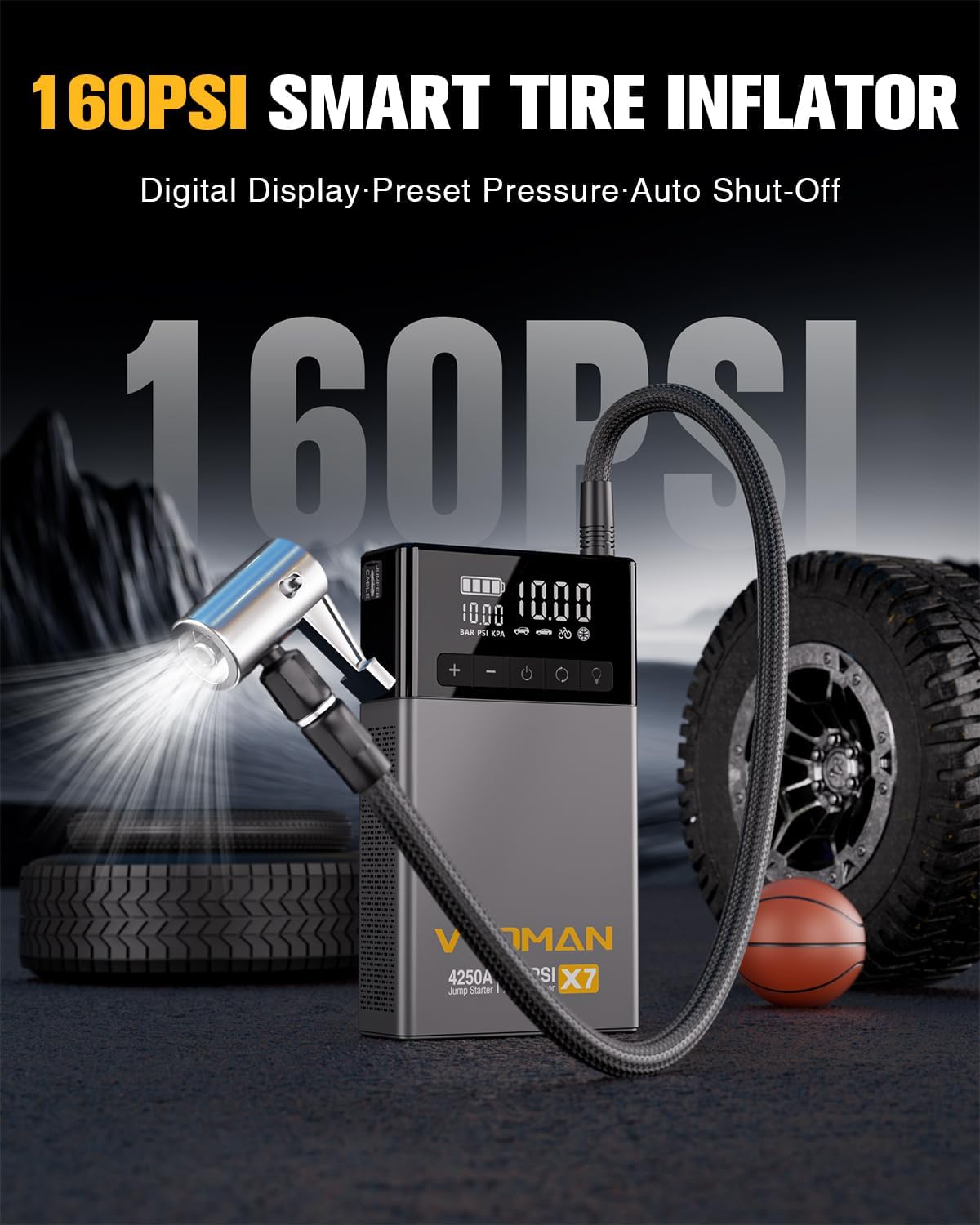 VTOMAN X7 jump starter with air compressor for trucks and SUVs, showing the portable device with control buttons and air hose attachments.