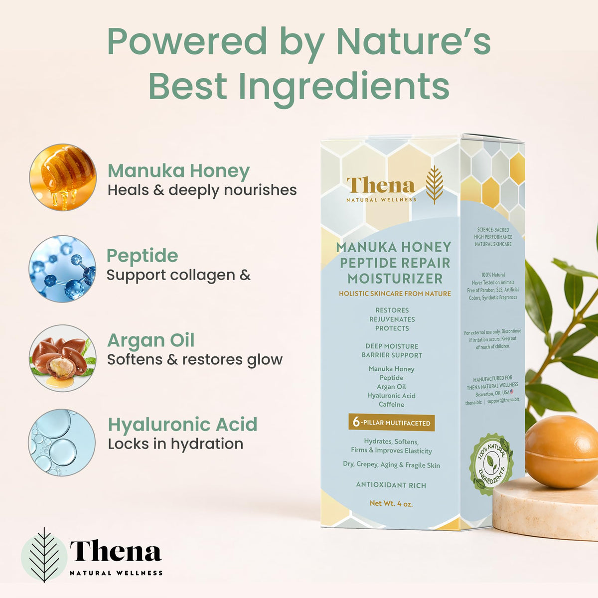Organic Manuka Honey Peptide Moisturizer for Firming Aging - THENA Natural Wellness Official Imagery - 7