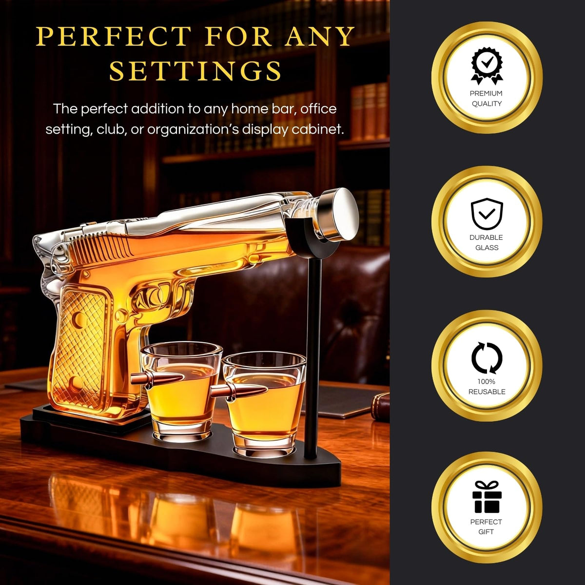 Whiskey Gun Decanter Set 2 Bullet Glasses - The Wine Savant Official Imagery - 6