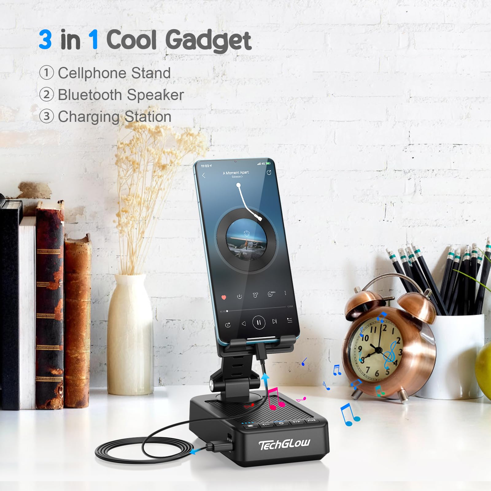 TechGlow Foldable Cellphone Stand with Bluetooth Speaker Charging Func - View 2