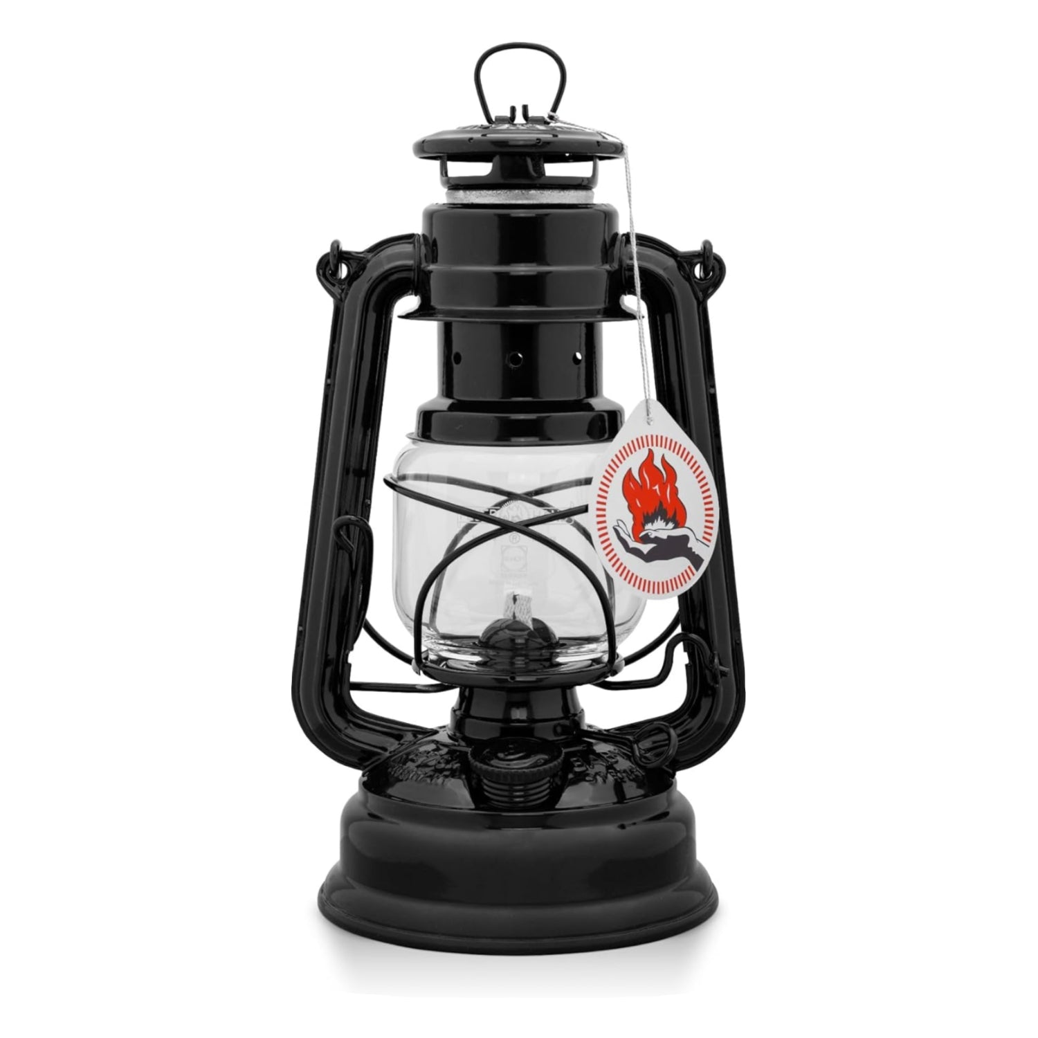 Feuerhand outdoor kerosene fuel lantern in weather-resistant design, German-made with a classic metal construction and glass chimney.