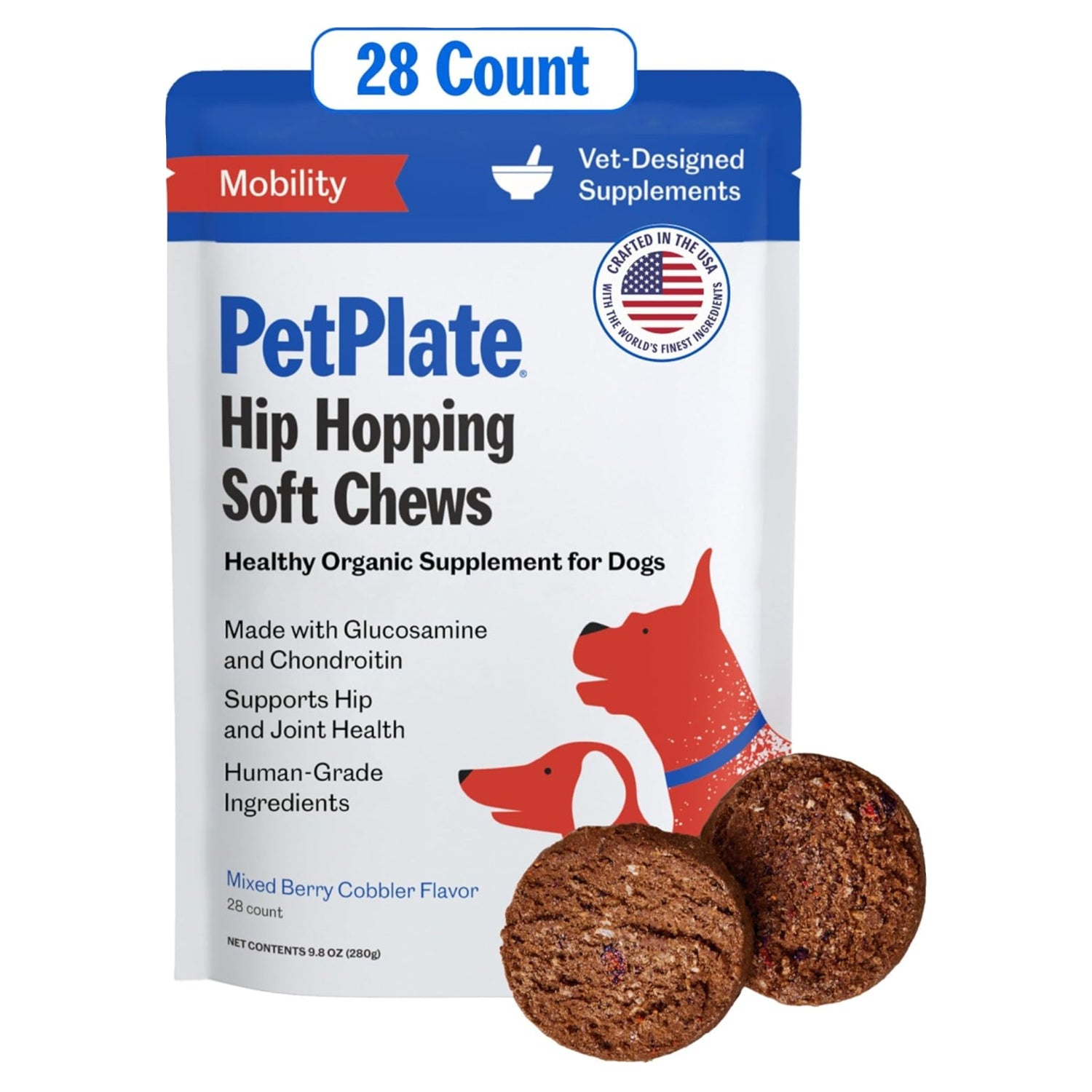 Elefair PetPlate Hip Hopping Soft Chews for dogs, hip and joint supplement treats in a bag, designed to support joint health.