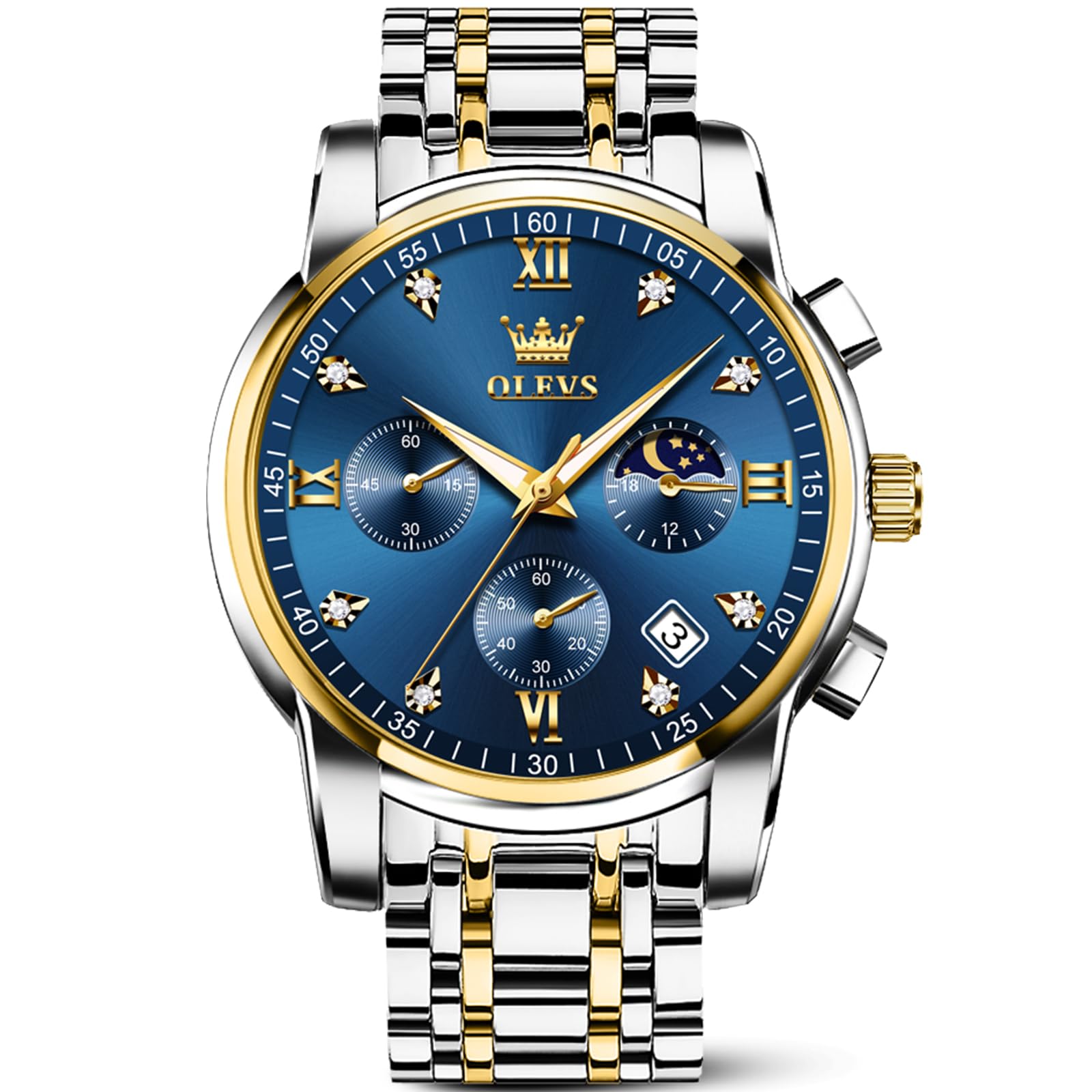 OLEVS Men's Luxury Dress Watch Blue Gold Silver Waterproof