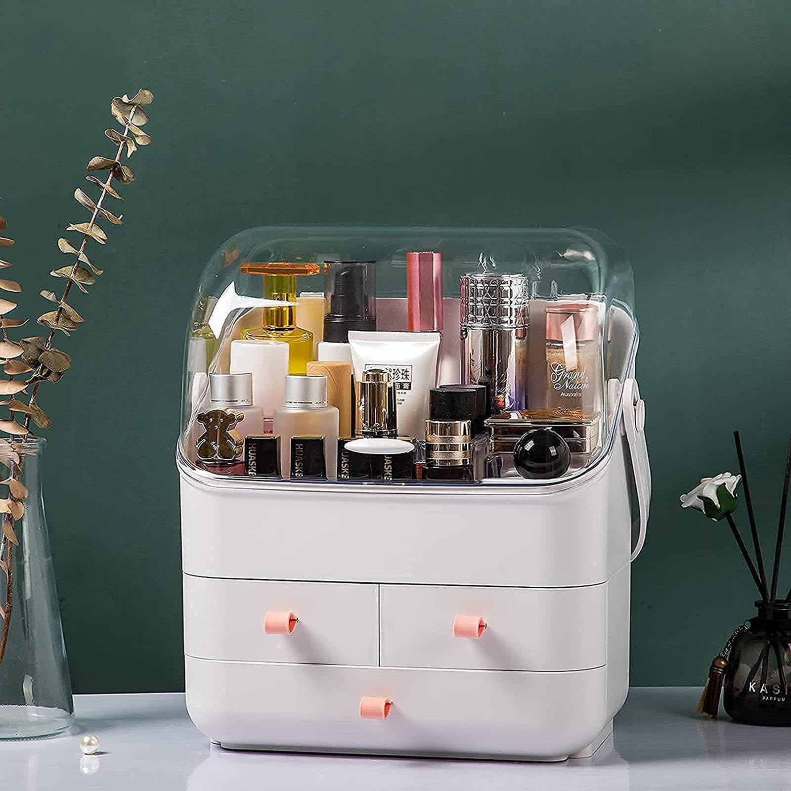 VIDECOR waterproof makeup organizer caddy with multiple compartments, white dustproof storage box for bathroom or bedroom.