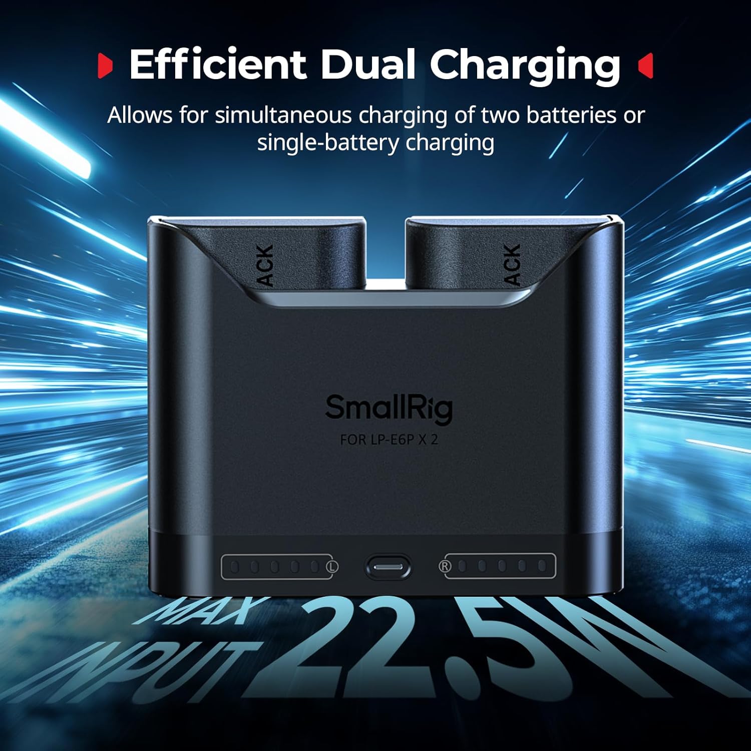 SMALLRIG LP-E6P LP-E6NH LP-E6N battery charger for Canon with dual slots and 2-hour charging time.