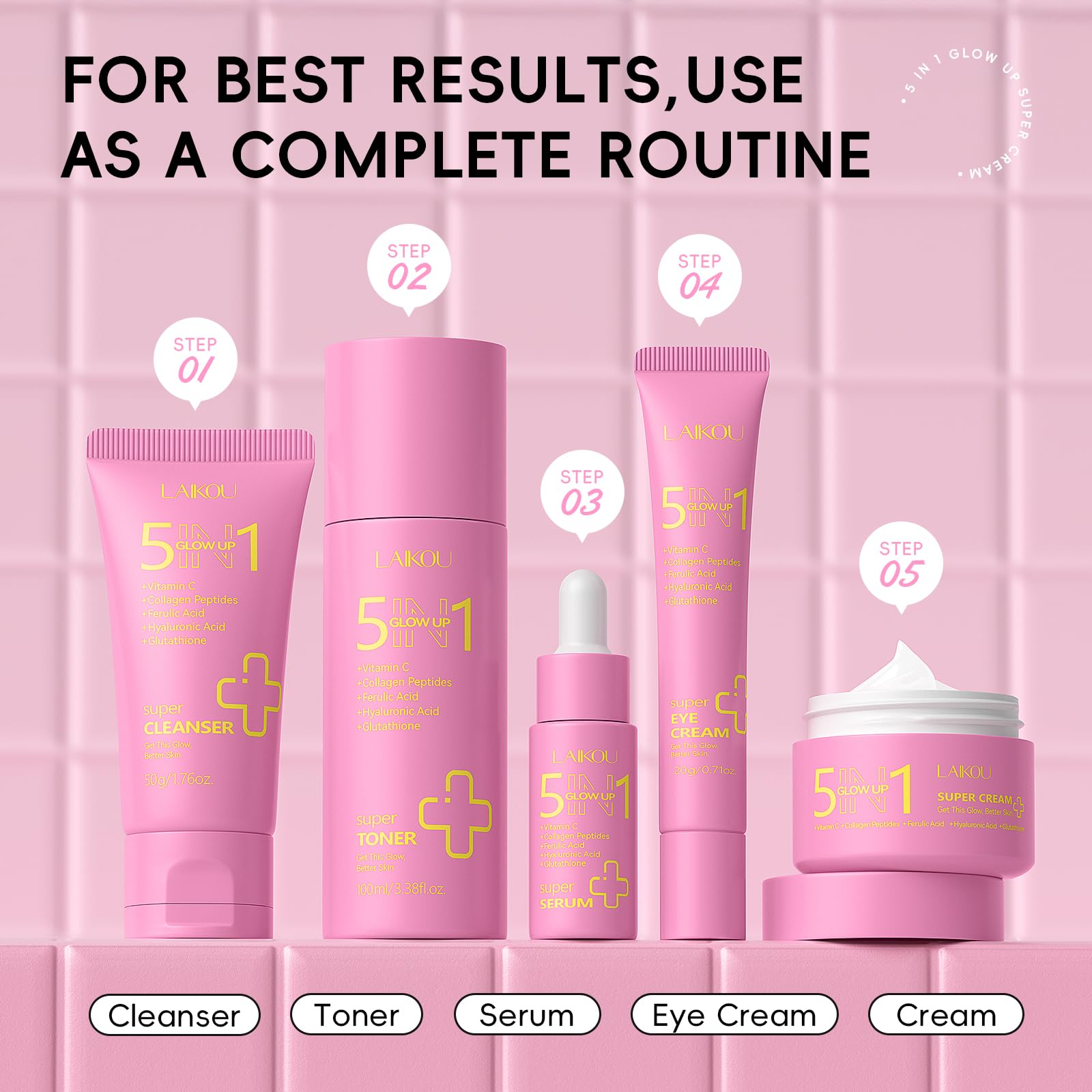 LAIKOU 5 in 1 Skin Care Set, Glow up Gift Set for Women, - LAIKOU