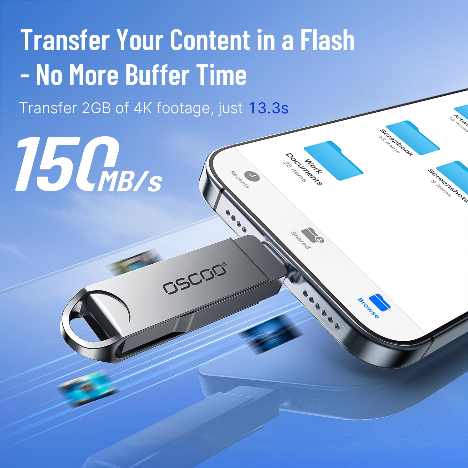OSCOO 32GB Dual USB 3.2 Gen1 flash drive with silver casing and USB connectors for fast data transfer and portable storage.