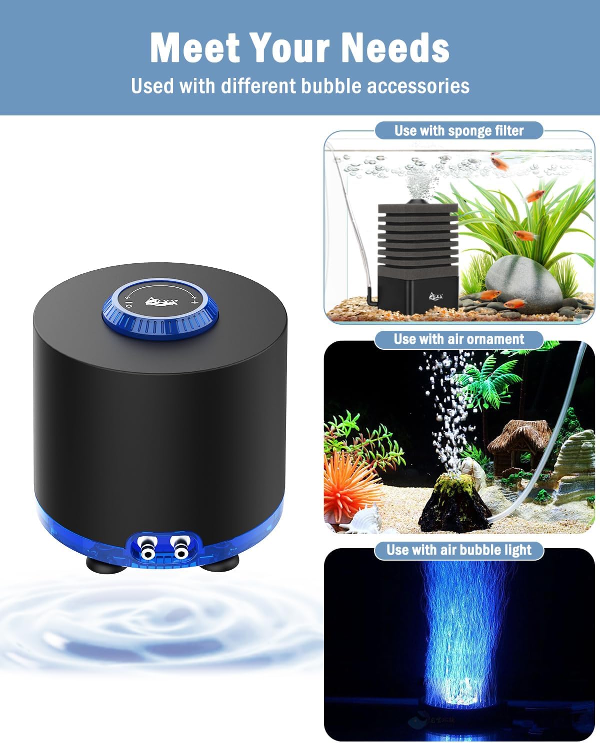AQQA Aquarium Air Pump, 3W quiet fish tank air pump with compact tubby design for aeration and oxygen circulation.