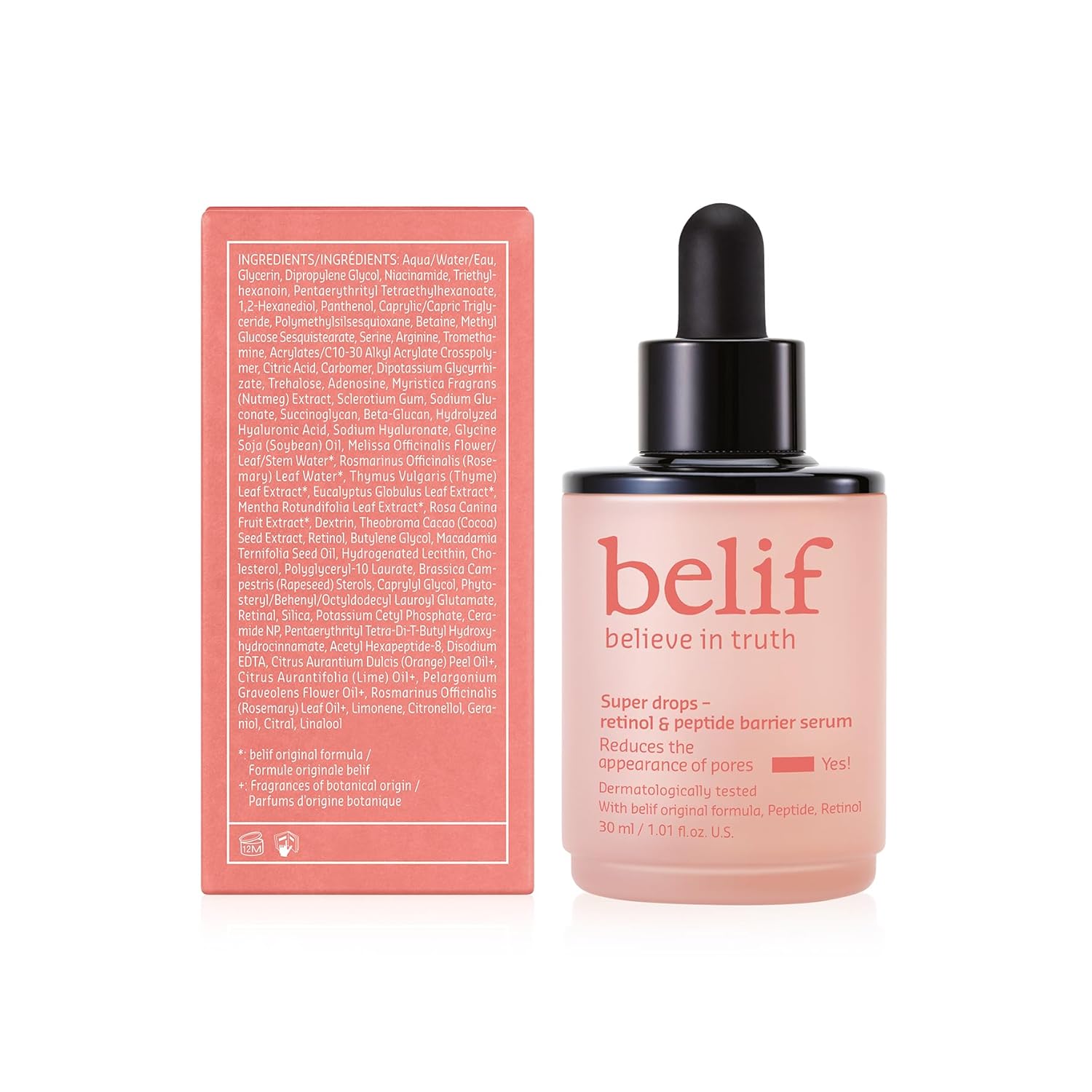 belif Retinol & Peptide Super Drops serum bottle, anti-aging skin booster with pore-refining formula, 1.01 fl oz.
