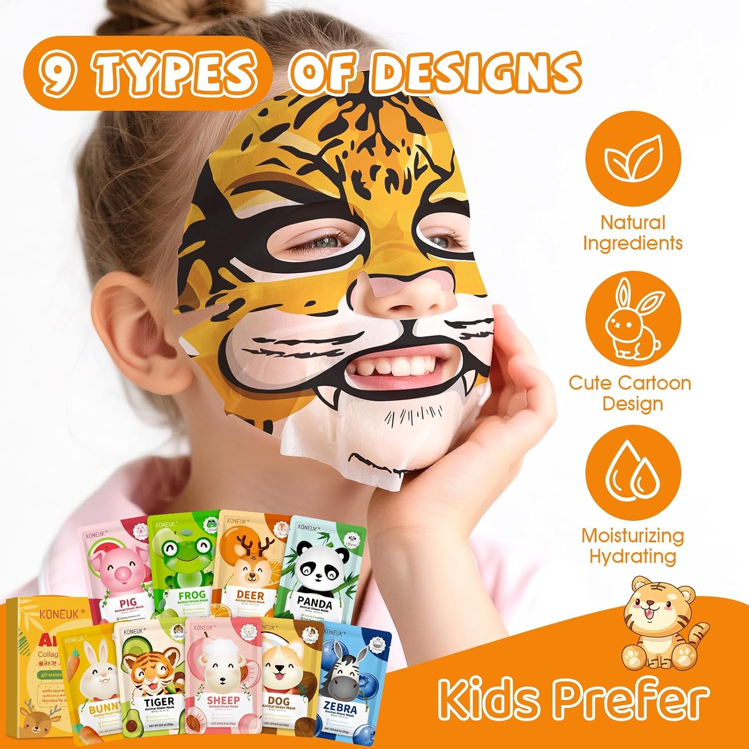 9 Pack Animal Face Masks Skincare for Kids, Spa Party Gifts for - KONEUK