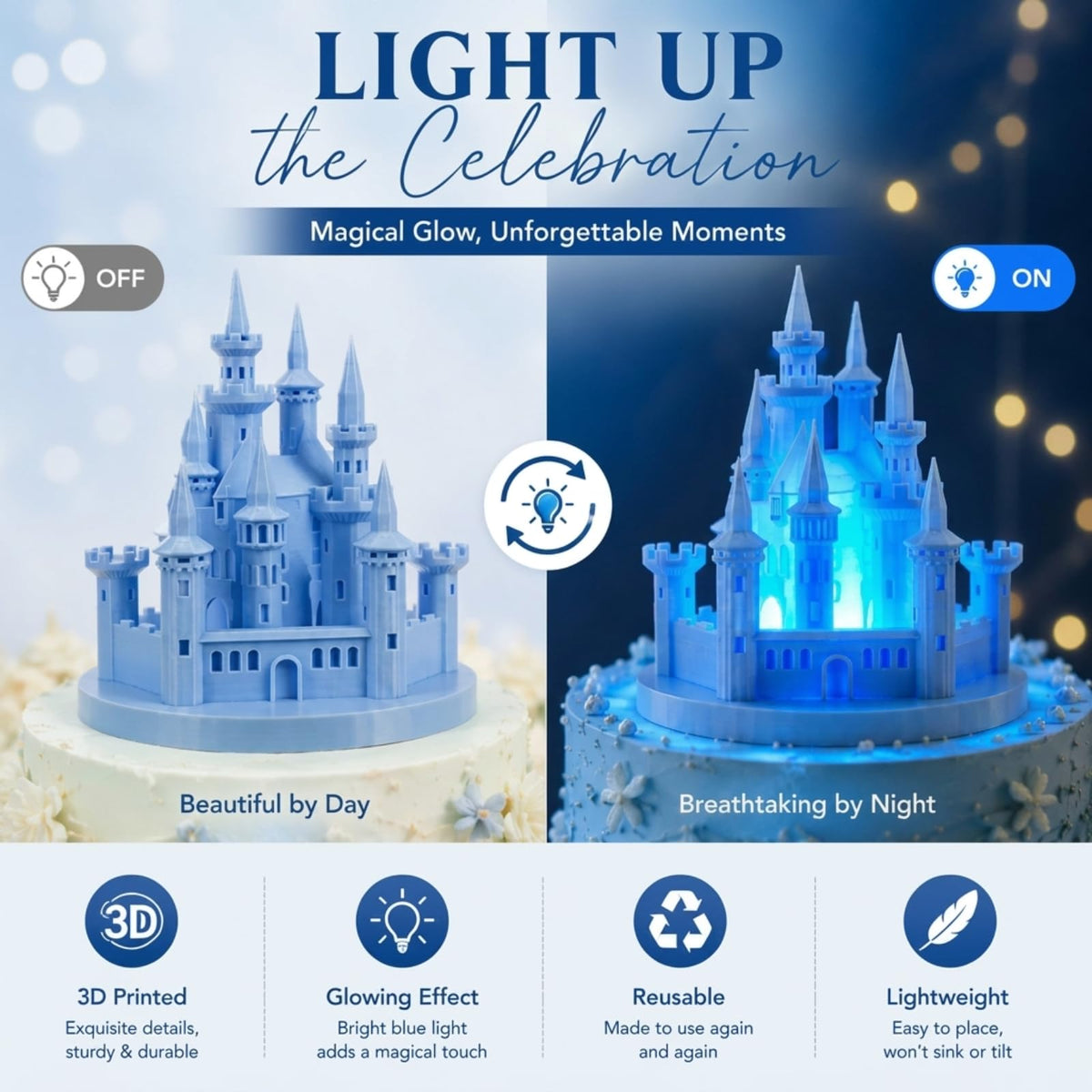 4 8 3D Princess Castle Cake Topper with Nightlight Blue - Baquler Official Imagery - 6